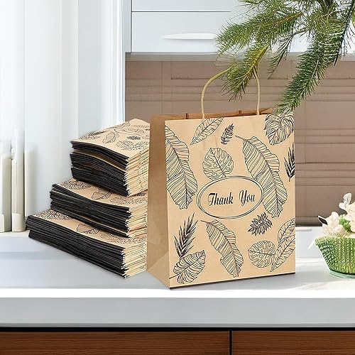 Miniatura 8 de Yesland Bolsas de papel kraft - Bolsas de agradecimiento con asas - Marrón con hojas negras - 3 tamaños - Paquete de 80