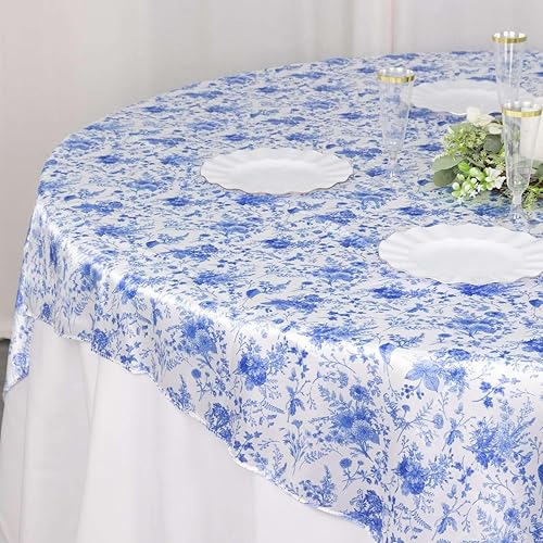 Efavormart - Mantel cuadrado de satén con estampado floral chinoiserie blanco y azul, 72 x 72 pulgadas