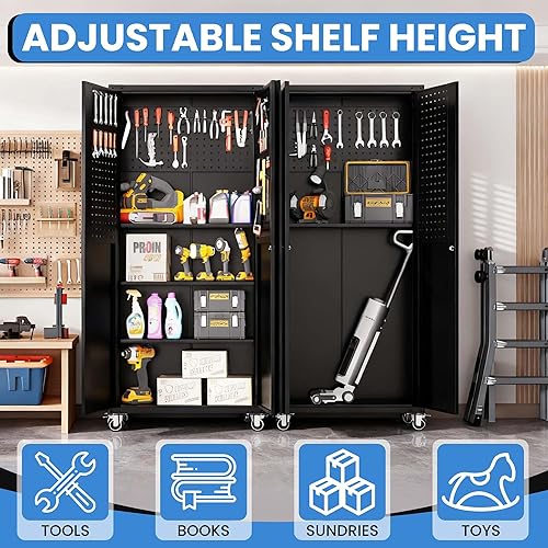 Vista 46 de Armario de almacenamiento de metal con estantes ajustables, armario de herramientas de garaje con 2 puertas con cerradura para oficina, hogar