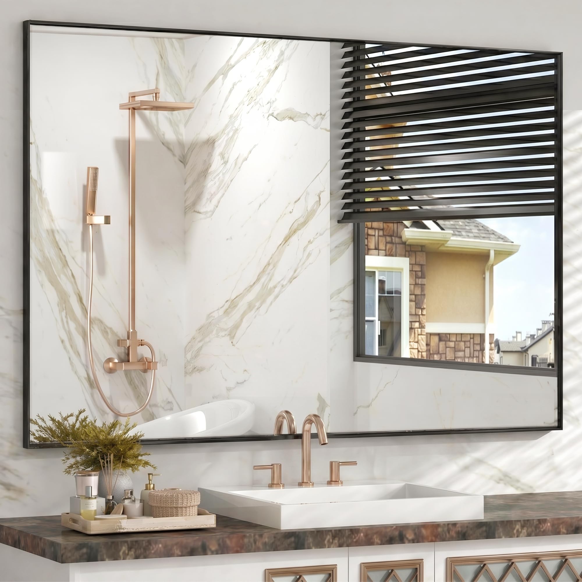 FurniXpress 30" x 40" Matte Black Wall Mirror, 40" x 30" Metal Framed Rectangular Decor, Vertical/Horizontal Accent Mirror for Fireplace & Bathroom