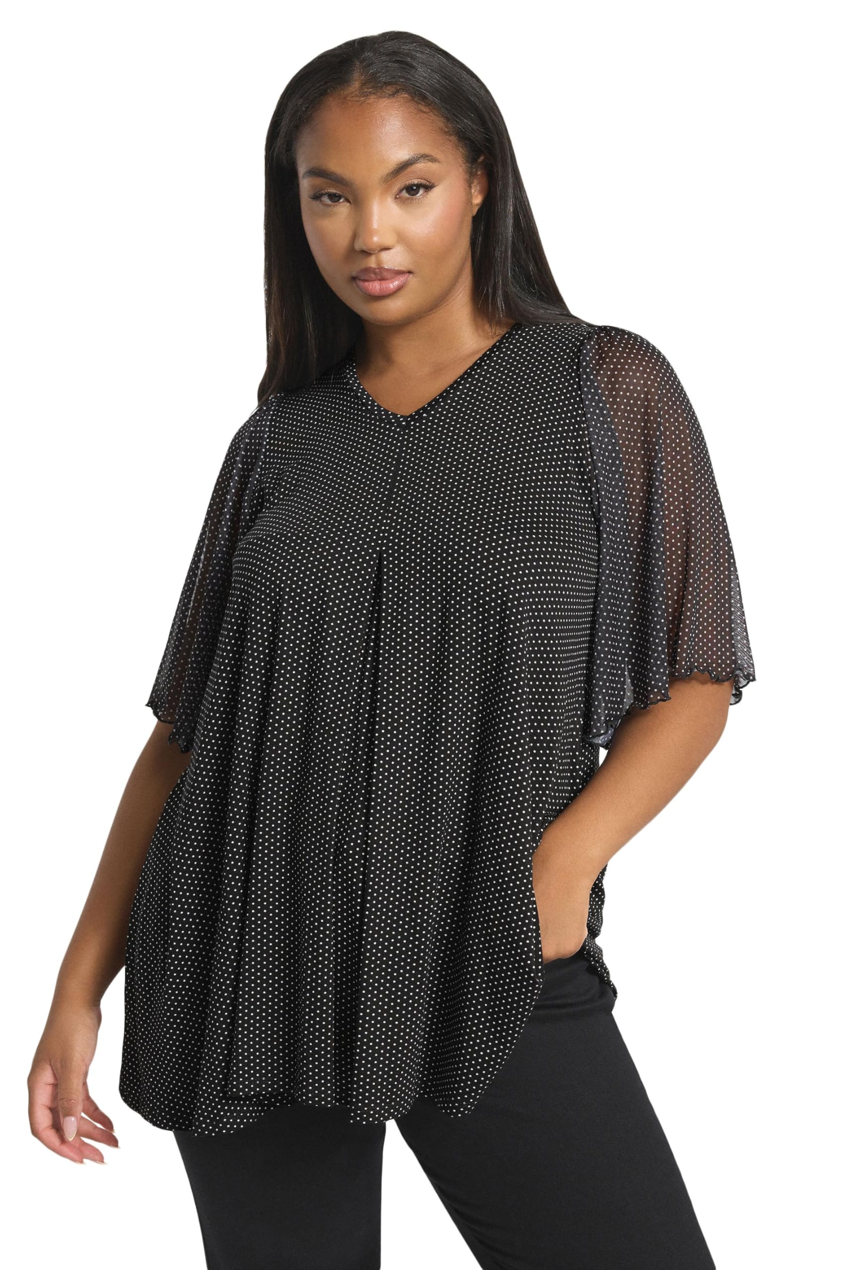 Yours Women's Polka Dot Mesh Sleeve Top in Black | Size: 16