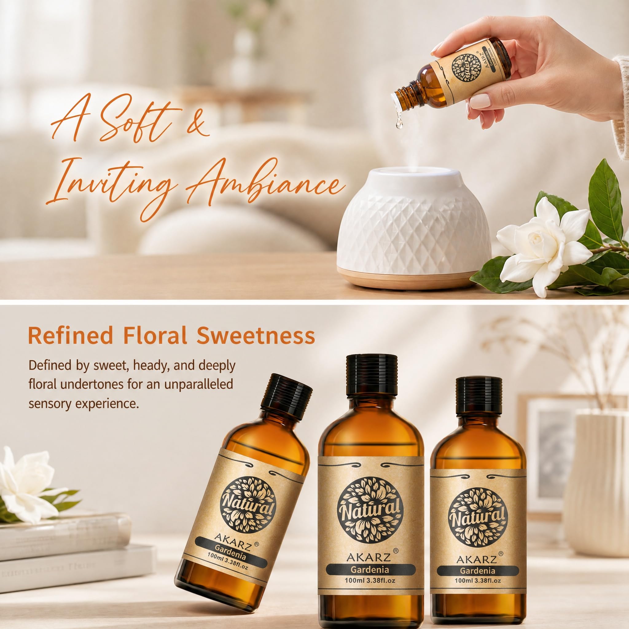 AKARZ 100ml Olejek esencjny z Gardenii - Naturalny olejek aromatyczny do dyfuzorów, lamp aromatycznych i aromatów pomieszczeń