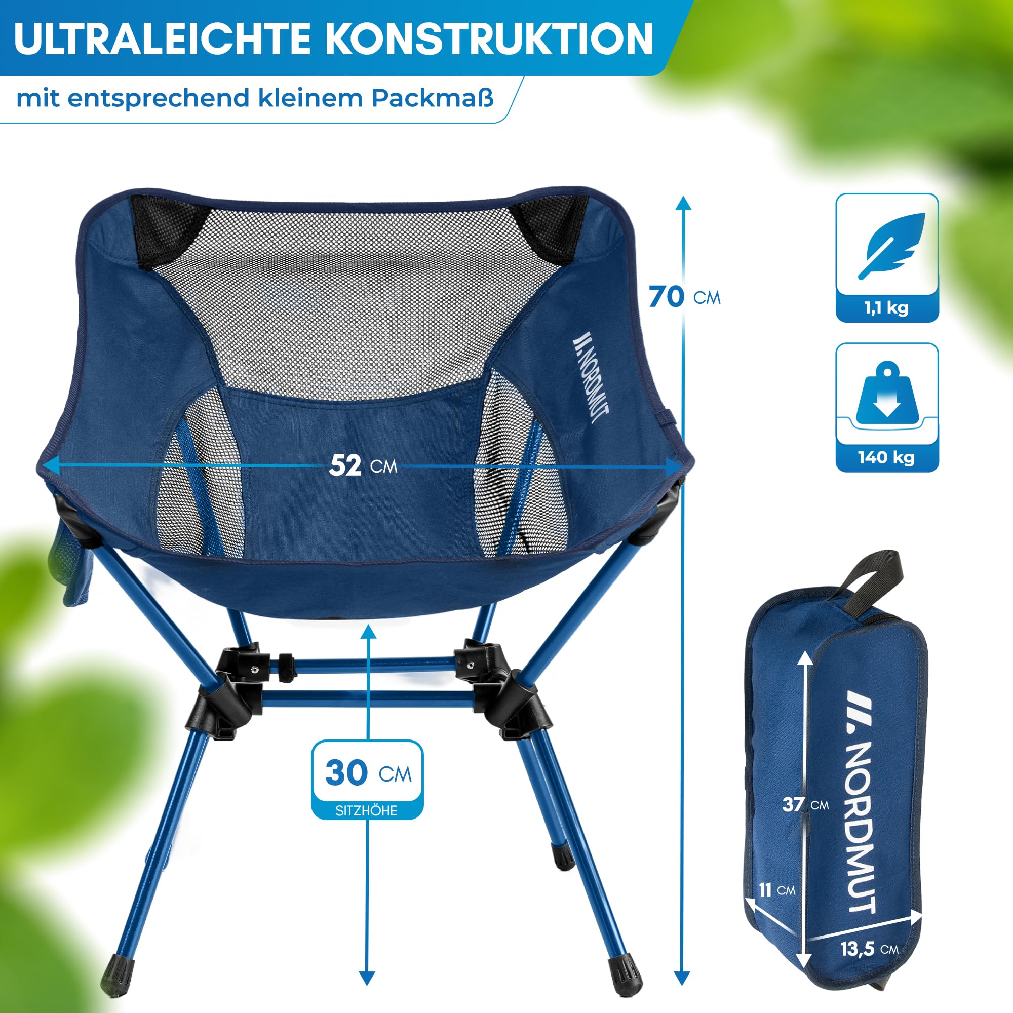 NORDMUT® Campingstuhl kleines Packmaß & Ultraleicht – Kleiner Campingstuhl mit 150 kg Belastung – Klappstuhl Camping leicht aus Aluminium für Camping, Outdoor & Festivals