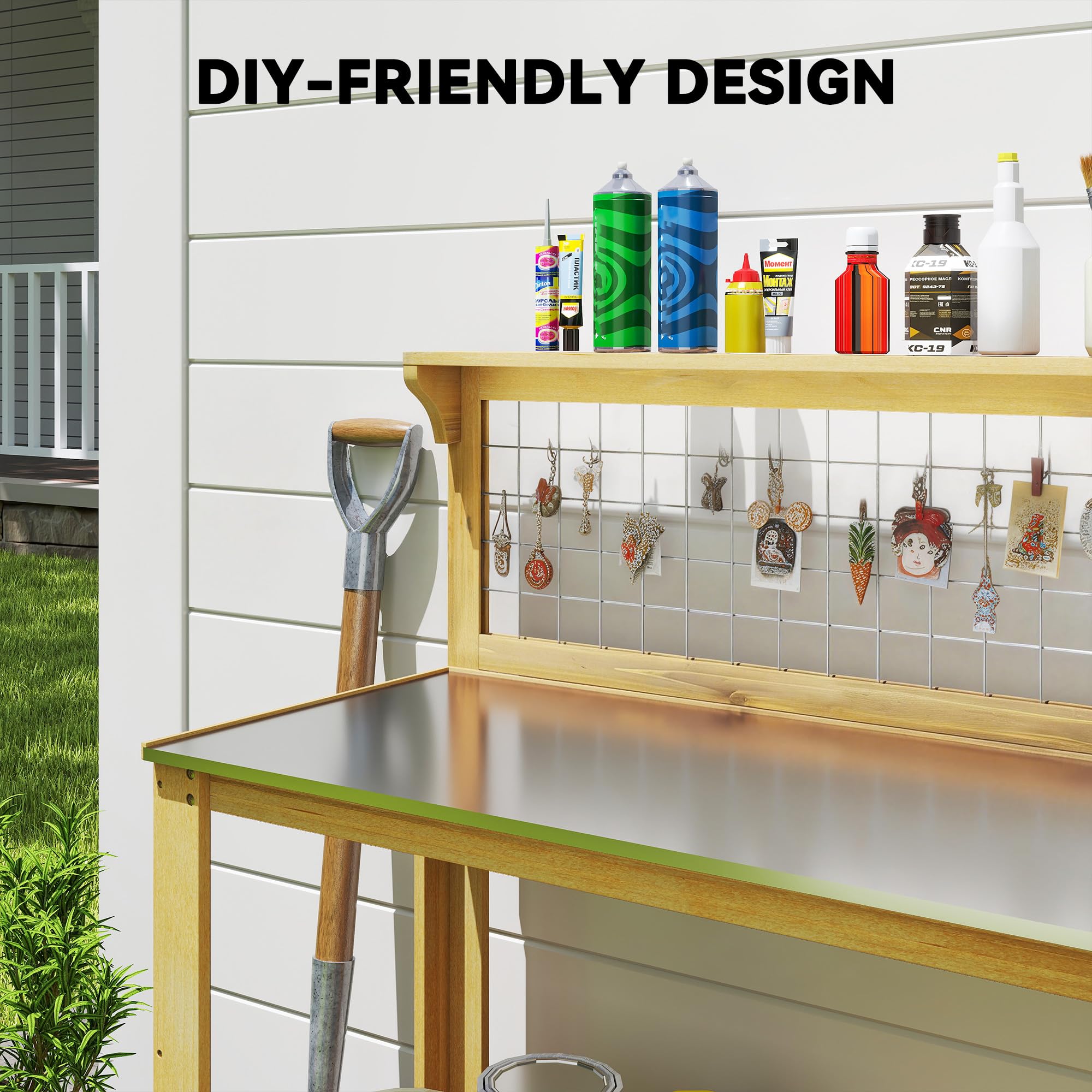 Outsunny Mesa Trabajo Madera macetas 100x48x119cm Amarillo | Superficie aluminio, Banco jardín exterior, Diseño rejilla, 2 estantes, bricolaje, Estación plantación, patio, jardín