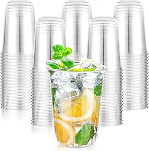 100 Pcs 16oz Clear Plastic Cups Disposable Wine Cups Round Bottom Stemless Disposable Wine Glasses for Cocktails Birthdays Weddings Party Supplies