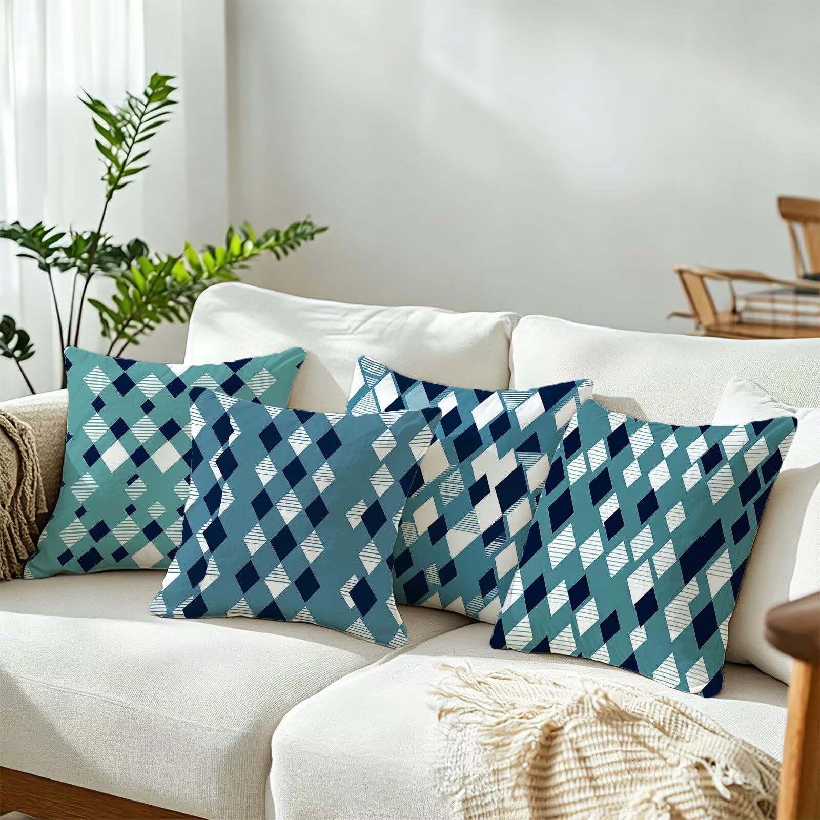 Blu Federe Cuscini Divano 65x65cm, Cuscini da Esterno Set de 4, Cod-72 | Velour Copricuscini Decorativi Letto Arredo, per Letto, Soggiorno, Giardino, Esterno, Casa Decorazione Set di 4 Geometria