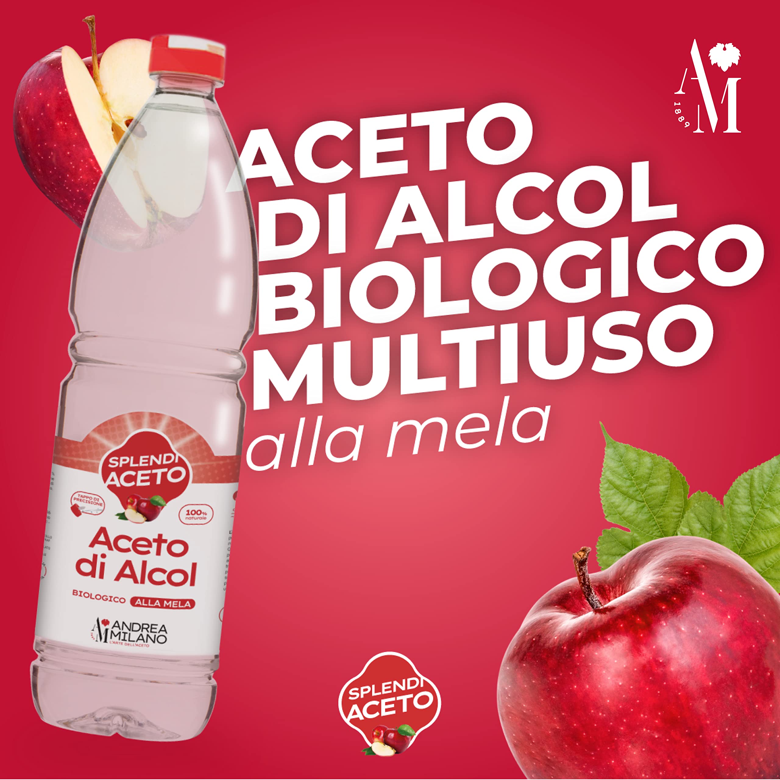 Andrea Milano, Splendi Aceto, Aceto di Alcool 100% Naturale Aromatizzato alla Mela, Acidità 8%, per Qualsiasi Impiego, Multiuso, Ideale per la Pulizia della la Casa, 12 Bottiglie PET da 1 L
