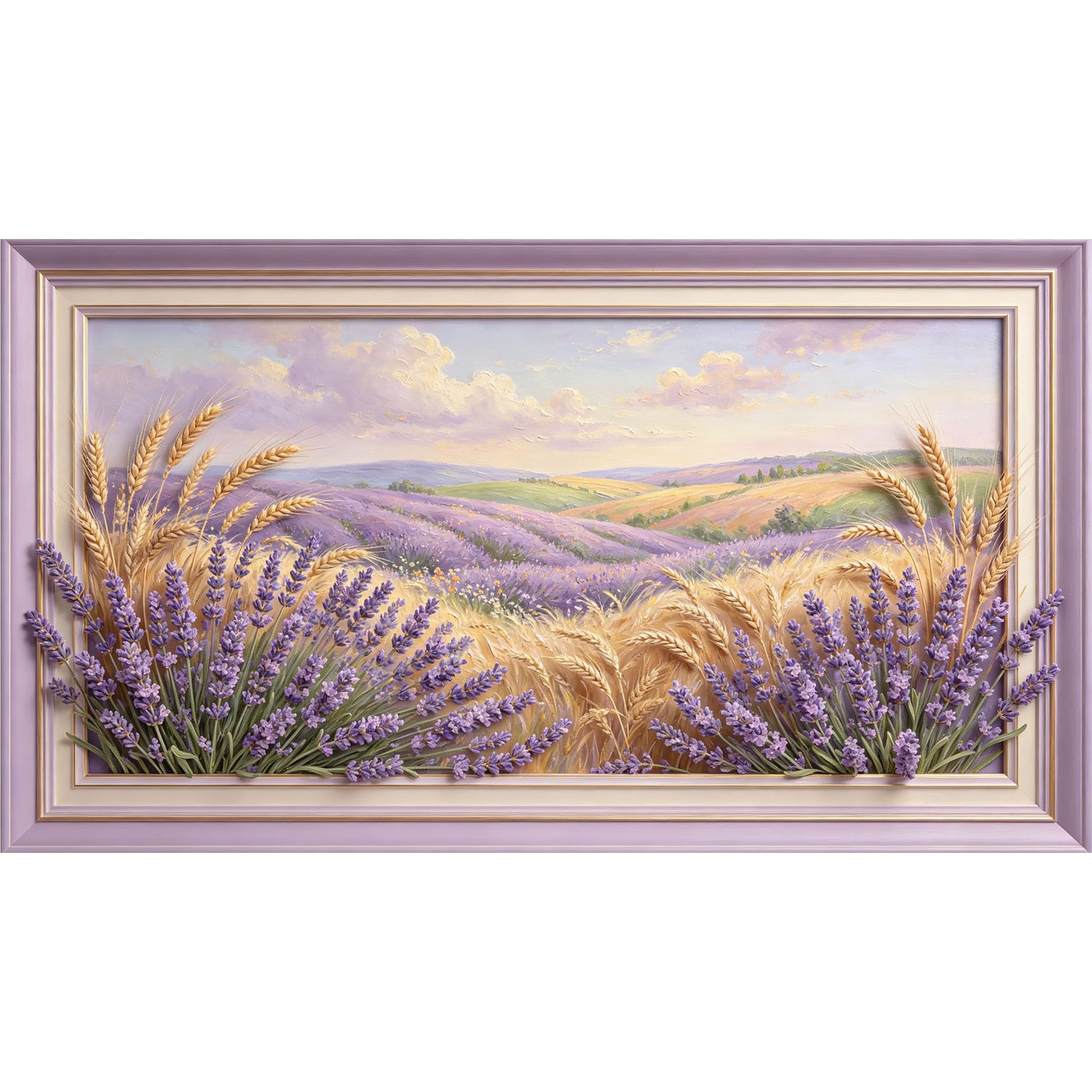 QZLITHOTIC 50×90cm3D Framed Wall Art， Provence Lavender Field Wheat Landscape Oil Painting Self?Adhesive Mural， Water?Activated Peel & Stick Fabric Decor Wall Decal for Bedroom Living Room
