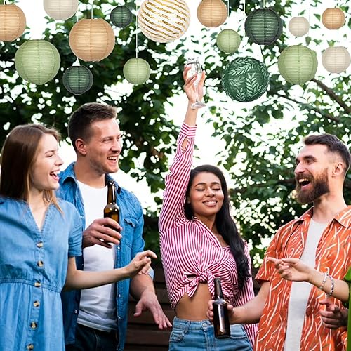 Miniatura 5 de Faroles redondos de papel chinos, decorativos, 16 unidades, color verde salvia, marrón, para graduación, cumpleaños, boda, temática de selva, baby