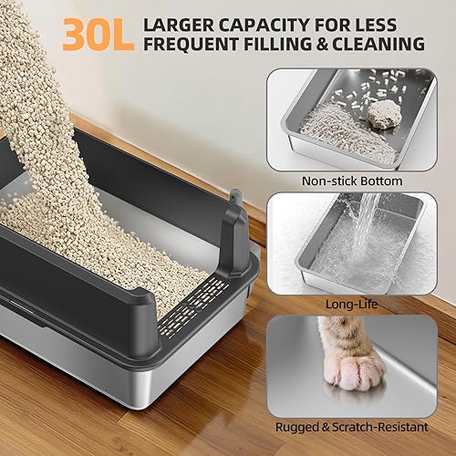 Miniatura 5 de Caja de arena cerrada de acero inoxidable para gatos con tapa, caja de arena extra grande XL para gatos grandes, bandeja de arena de metal de lado