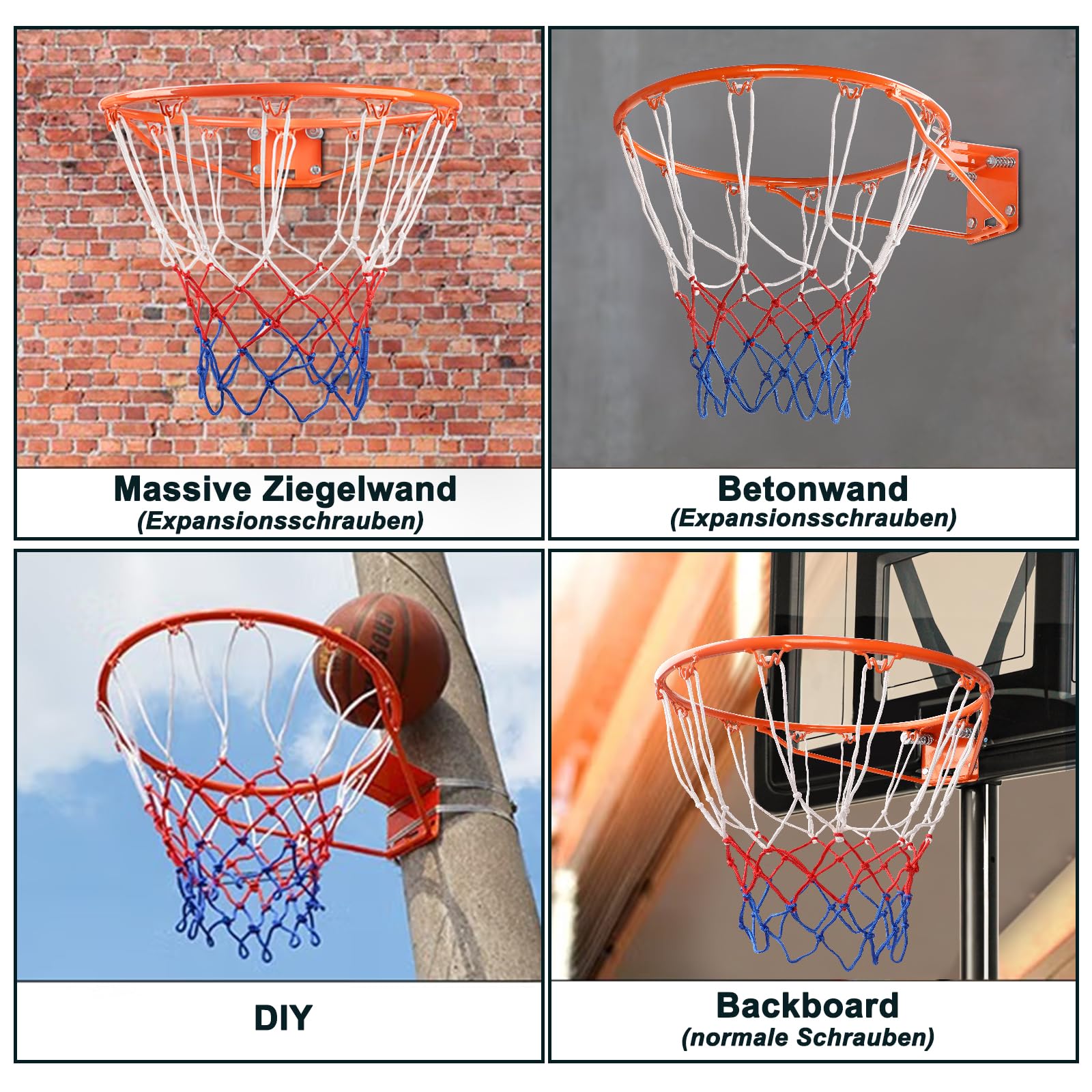 Dripex Canestro da basket massiccio, diametro 45 cm, montaggio a parete, rete da basket con anello in acciaio, anello da basket con rete per interni ed esterni
