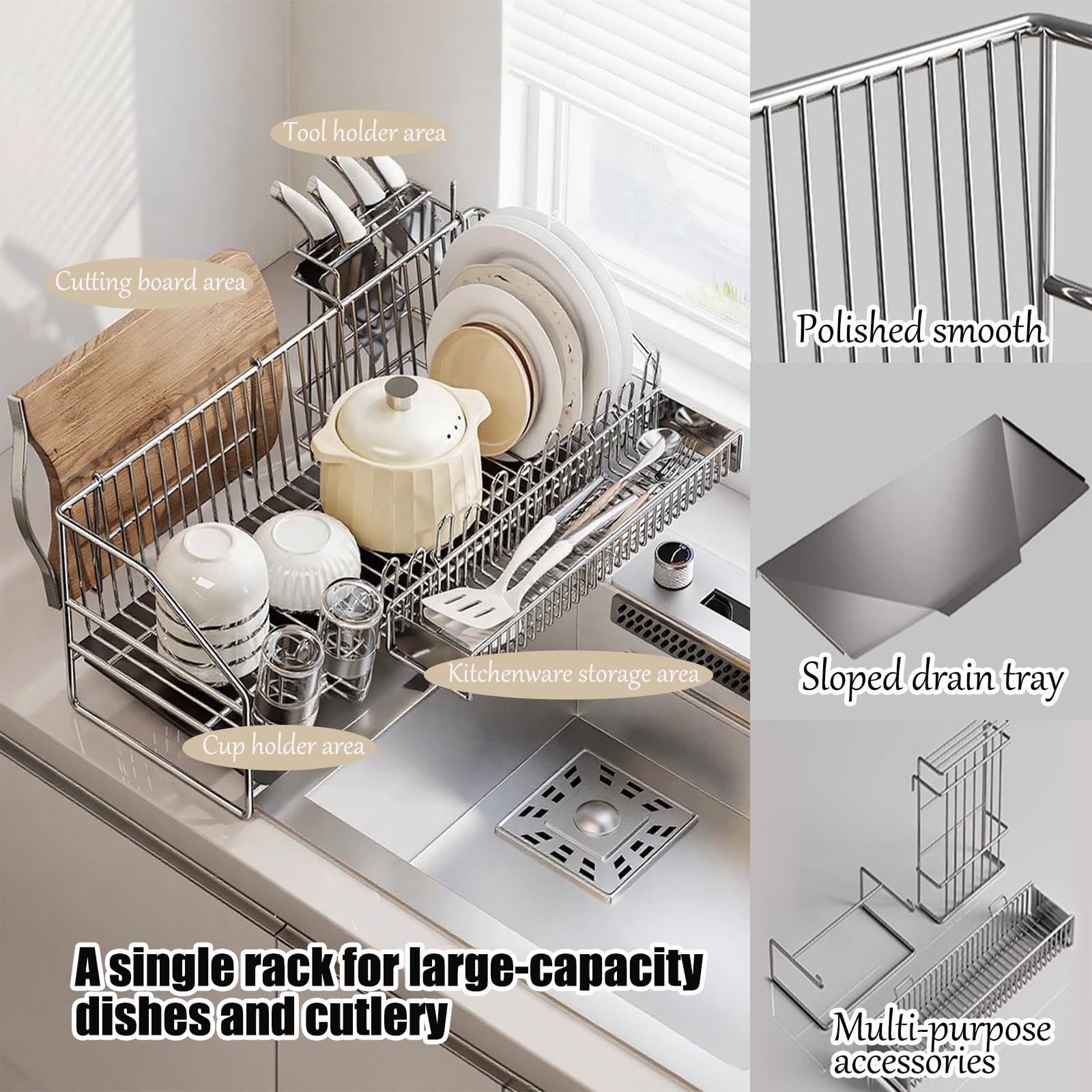 Genérico Escurreplatos de Acero al Carbono Blanco cremoso de Gran Capacidad - Modelo E de encimera, Resistente a la oxidación, diseño Robusto, organizar la Cocina y secar los Platos.