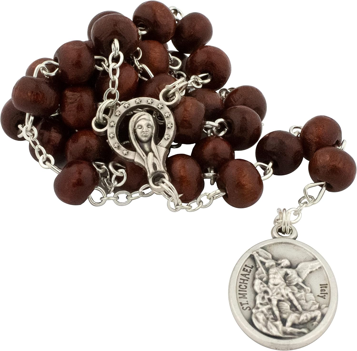 Saint Michael and Guardian Angel Chaplet Rosary | Wooden Beads with Silver-Tone Medals | Great Catholic Gift for First Holy Communion and Confirmation | Made in Italy - Image 2