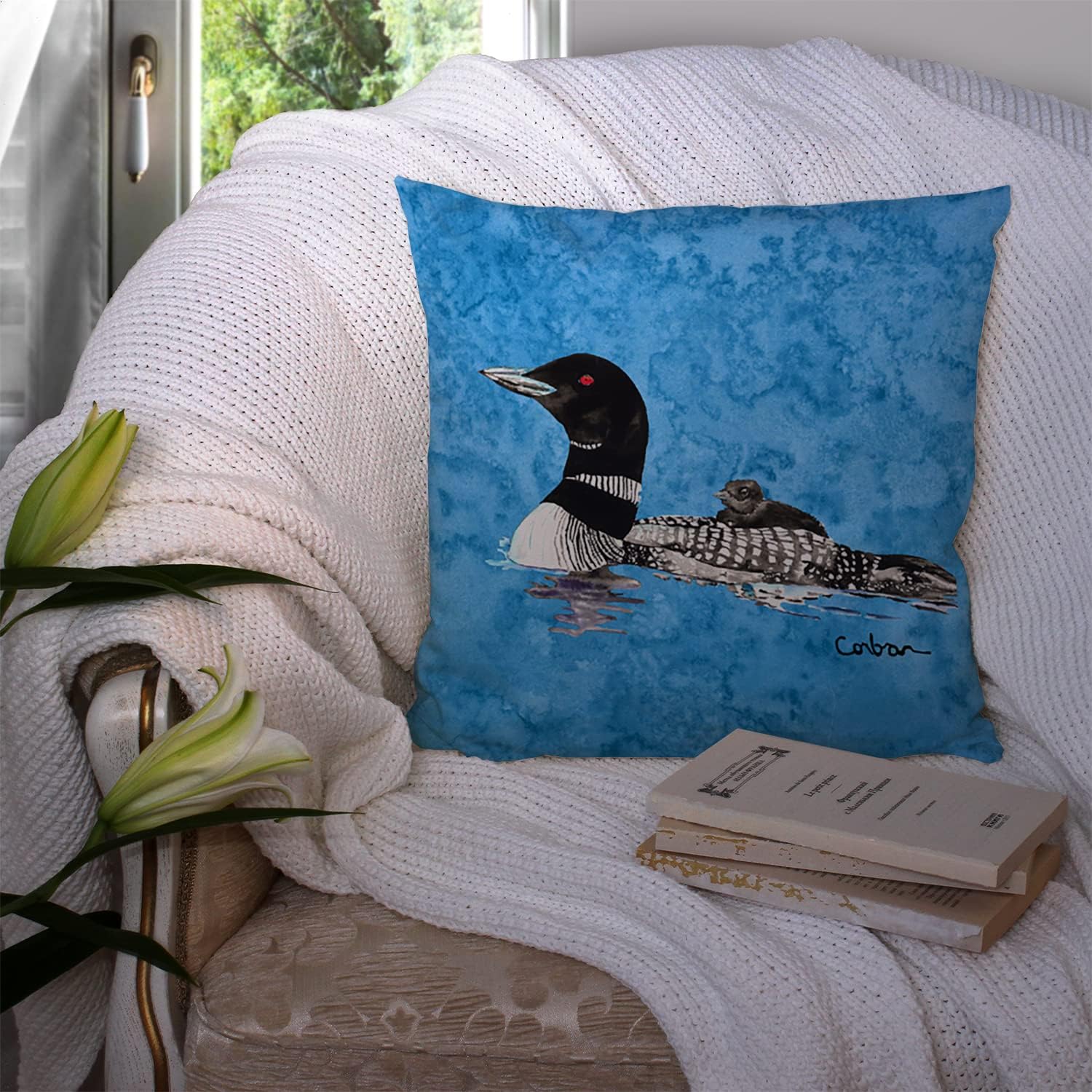 Caroline's Treasures 8718PW1414 Momma and Baby Loon Fabric Decorative Pillow Machine Washable, Indoor Outdoor Decorative Pillow for Couch, Bed or Patio, 14Hx14W