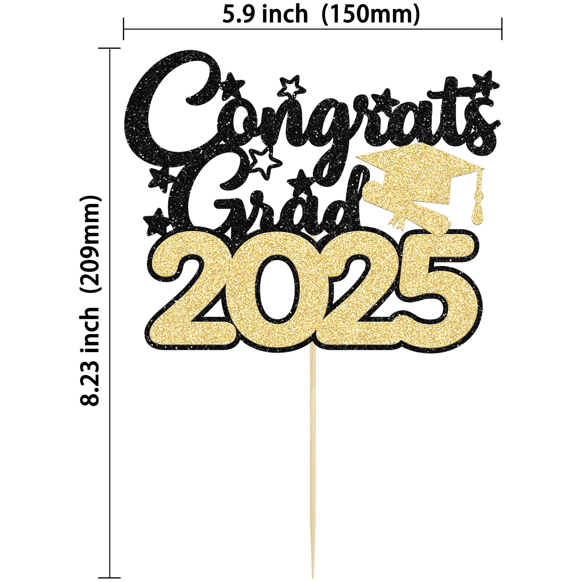 Gyufise 1 Pack Congrats Grad 2025 Cake Topper Gold 2025 Graduation Cake Decoration Glitter Grad Cap Cake Topper for Senior High School University College Graduation Party Supplies - Image 2