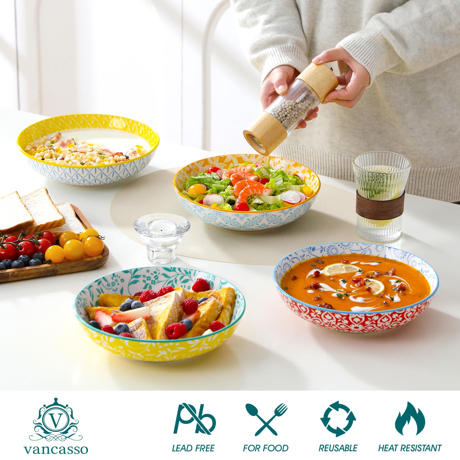 vancasso SELENE Suppenschalen 6-er Set, 1200ml Pastateller aus Pastell Porzellan – Salatschüssel für Nudel, Spaghetti und Suppe, Mikrowellengeeignet