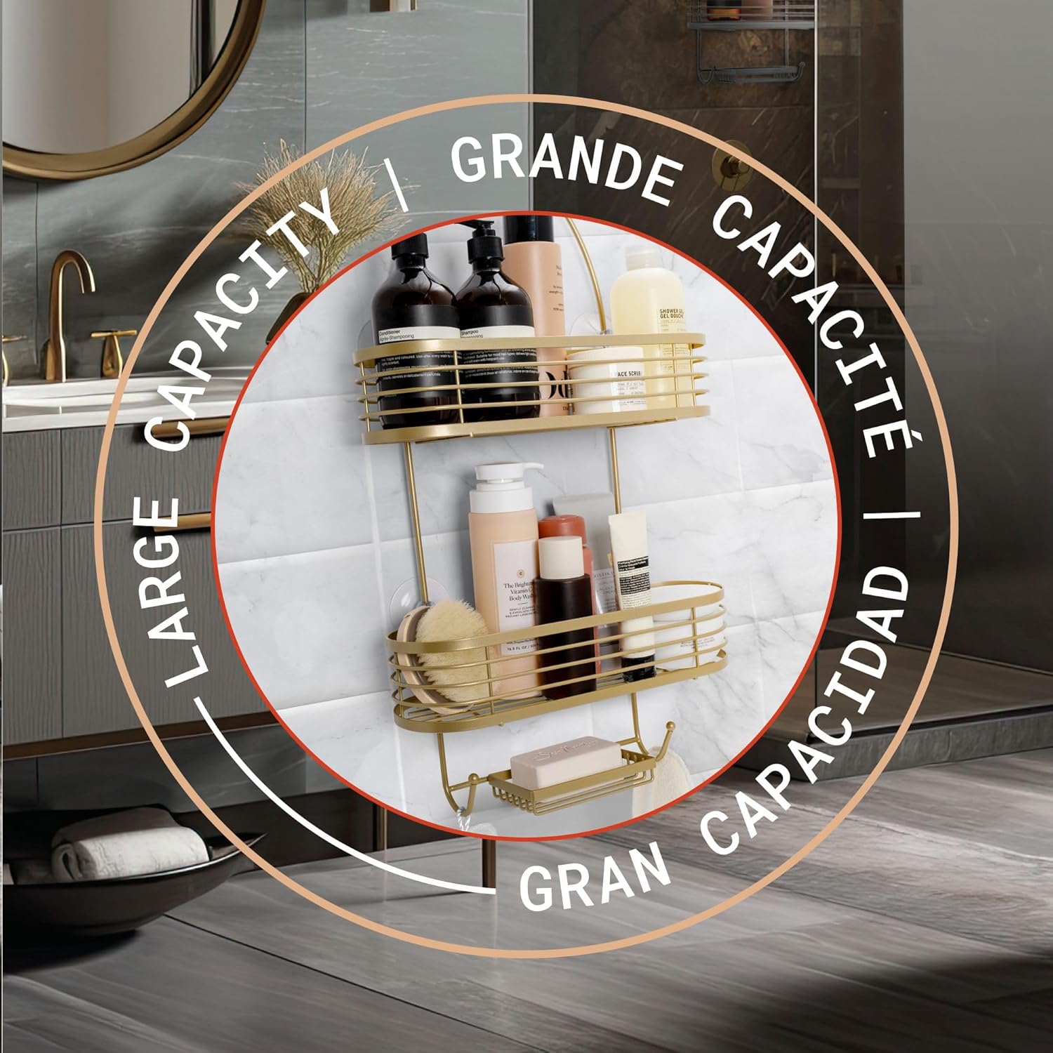 ACENTO 3-Tier Hanging Shower Caddy - Over the Shower Head Bathroom Organizer with Suction Cups & Hooks for Shampoo, Conditioner, and Soap - Gold