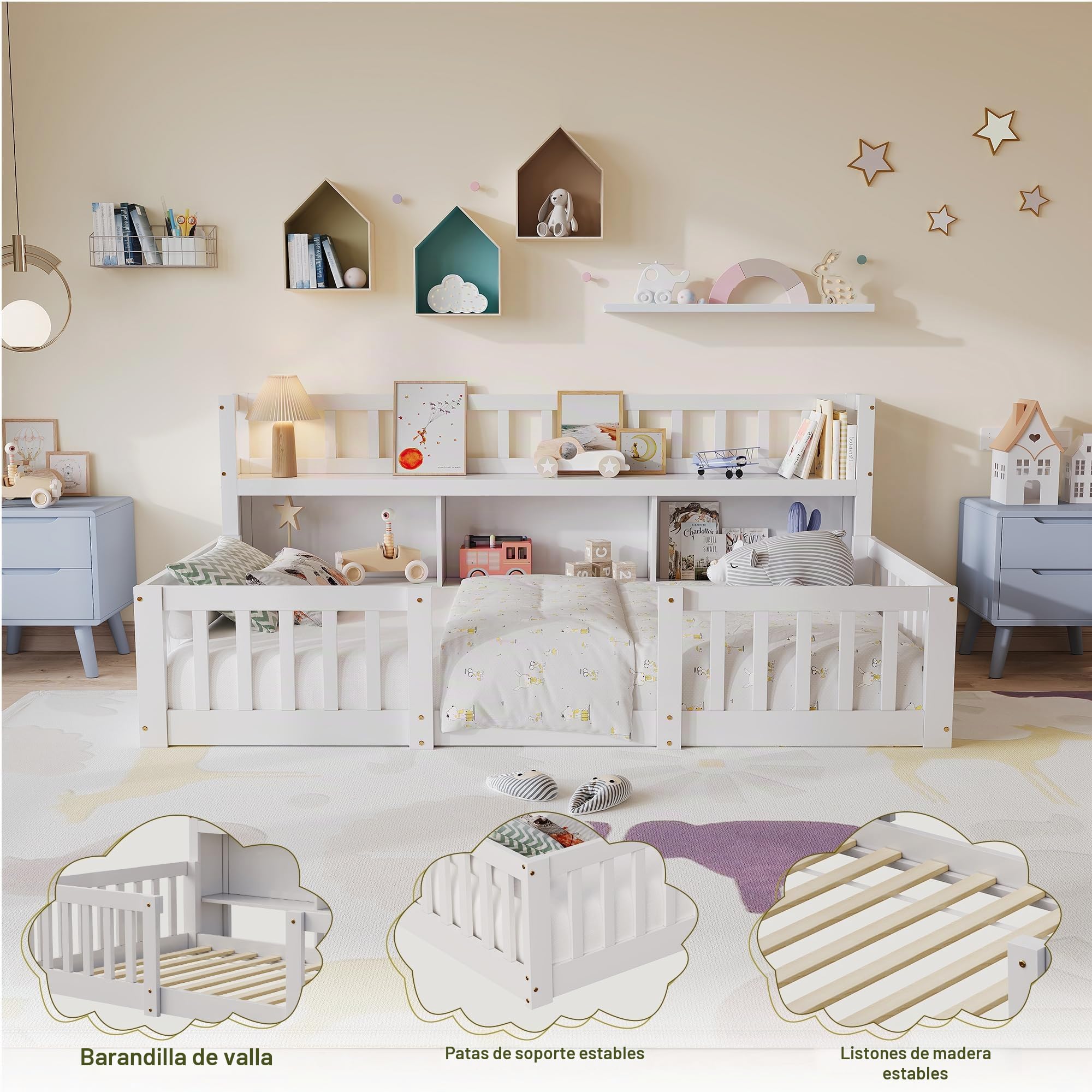 Cama infantil de 90 x 200 cm con escritorio, cama Montessori con protección anticaída y somier, estantería, cama de suelo, cama de madera maciza, marco de cama, color blanco (sin colchón)