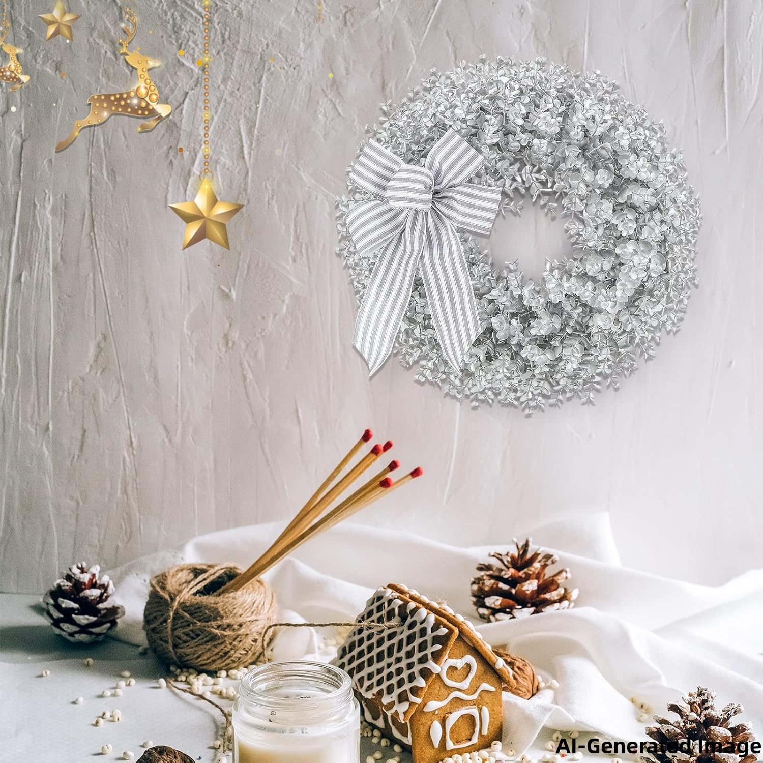 Couronne de Noël en buis de 45,7 cm avec nœuds et suspension de porte, convient pour porte d'entrée, salon, cheminée, fenêtre, ferme et couloir (argent)