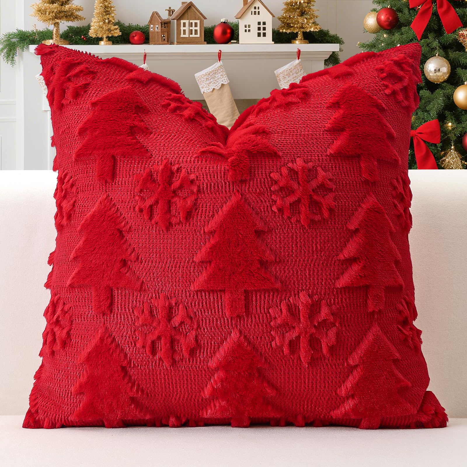 Artscope Set of 1 Xmas Soft Plush Short Wool Velvet Decorative Cushion Covers 45x45cm Square Luxury Style Throw Pillow Covers Pillow Shell for Sofa Bedroom Christmas Tree and Snowflake Red — image 1