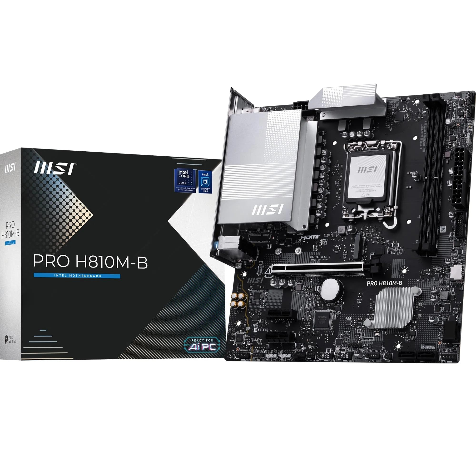 MSI PRO H810M-B Motherboard, mATX - Supports Intel Core Ultra Processors (Series 2), LGA 1851 - DDR5 Memory Boost (6400 MT/s MAX), PCIe 5.0 x16, M.2 Gen4, 2.5G LAN