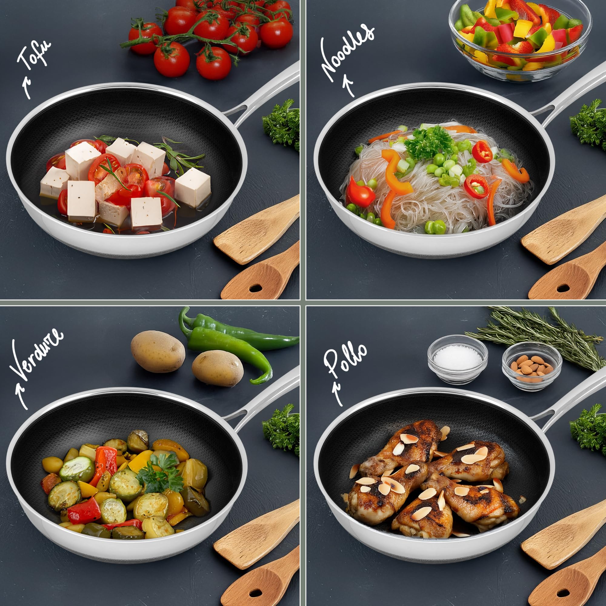 NIRO Wok Antiaderente Triplo Strato (Acciaio Inox + Alluminio) Ø28cm, COPERCHIO INCLUSO, Antigraffio, NO PFOA, Per Piano Cottura Induzione, Ceramica, Elettrico, Gas, Forno, Manico Anti Scottatura