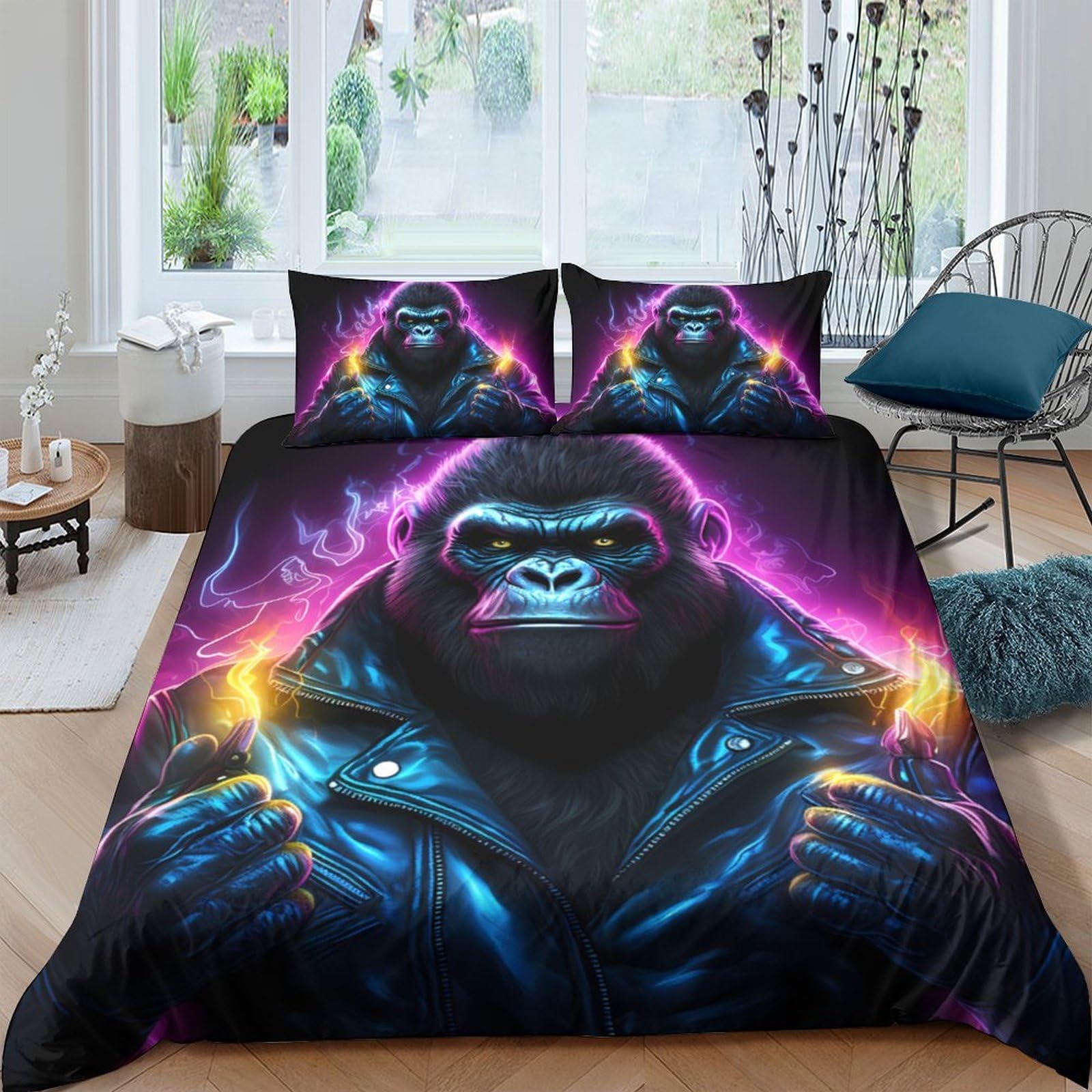 Ctjqhvkz Style-3 3D Printed Neon Gorilla Fitted Sheet Microfiber Soft Anti-Slip Art Mattress Cover For Bedroom Dorm Decor Single（135X200cm）