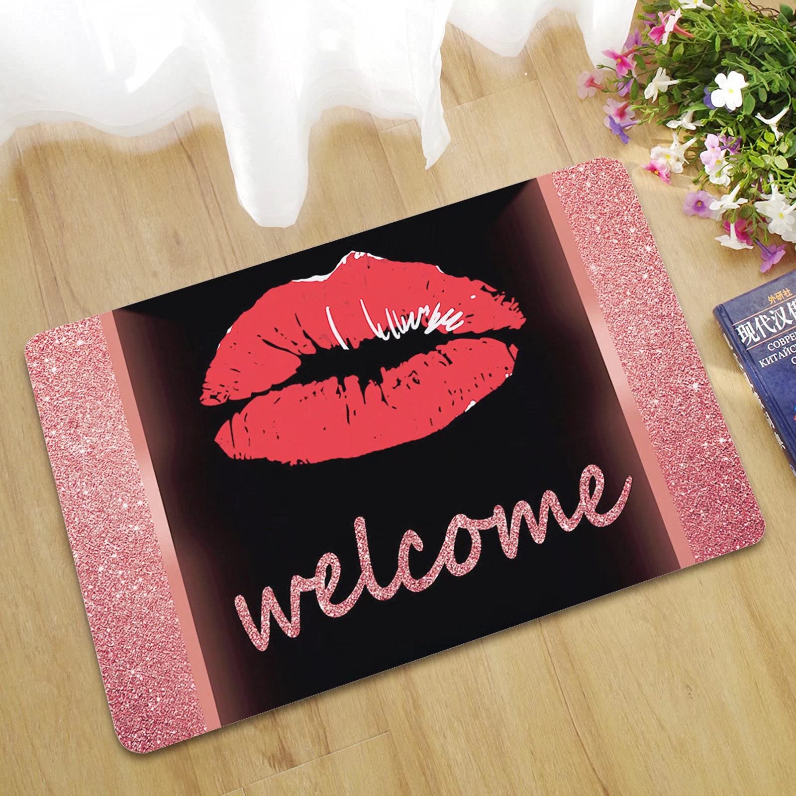 Welcome Sexy Lips mata pod drzwi wejściowe do wewnątrz i na zewnątrz maty wejściowe wycieraczki do wejść, garaży, patio, obszarów o dużym natężeniu ruchu, 61 x 119 cm, czerwono-czarna