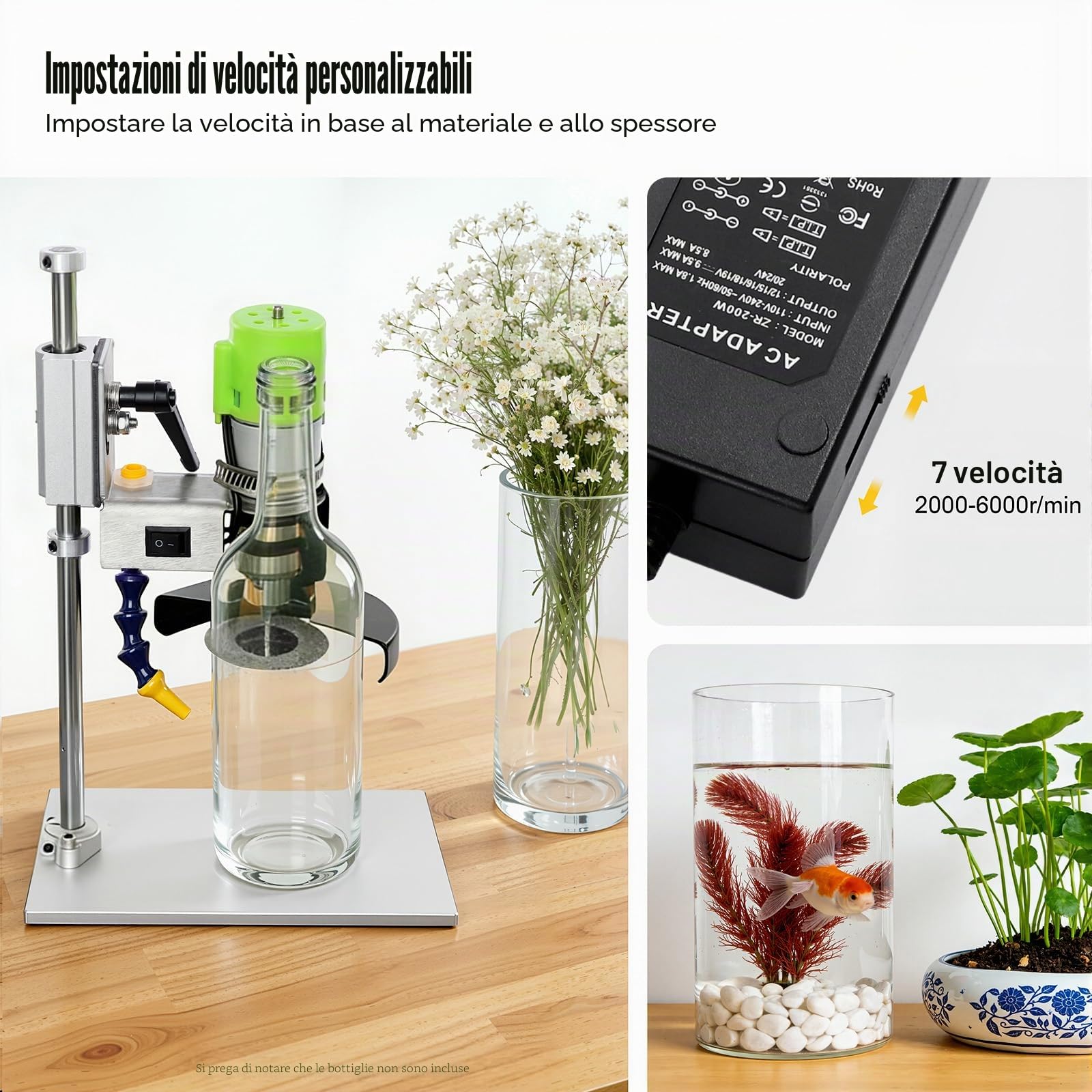 MINRS Tagliavetro per bottiglie 150W, tagliabottiglie elettrico da 6000 giri/min, tagliavetro con 7 velocità per bottiglie di vino, vetro marino, artigianato, vaso fai-da-te
