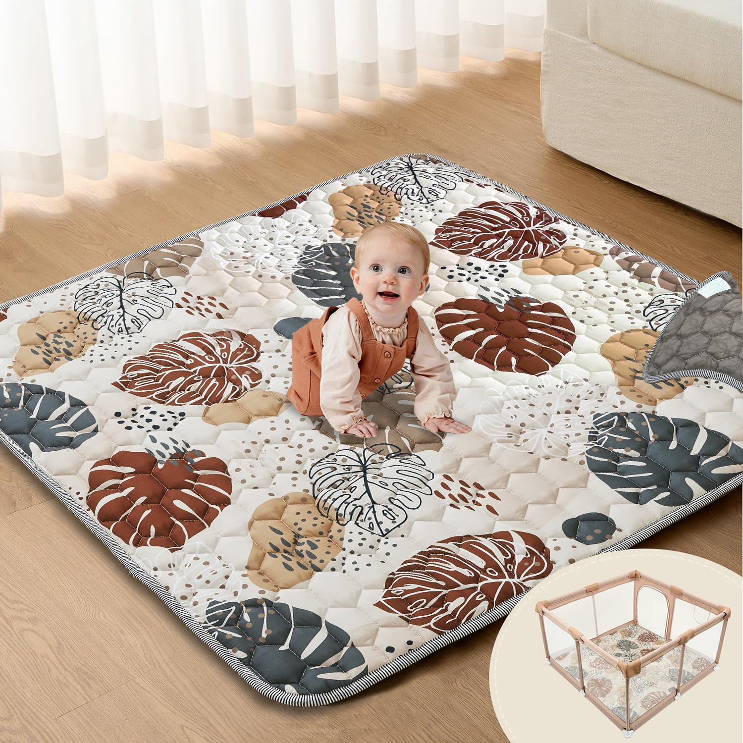Vahlbeste Alfombra Bebe Acolchada Plegable, Alfombra Bebe 127x127cm, Lavable en la Lavadora, Antideslizante, Plegable Alfombra Infantil Habitacion, Alfombra Juegos Bebe, Diseño de Estilo Bohemio