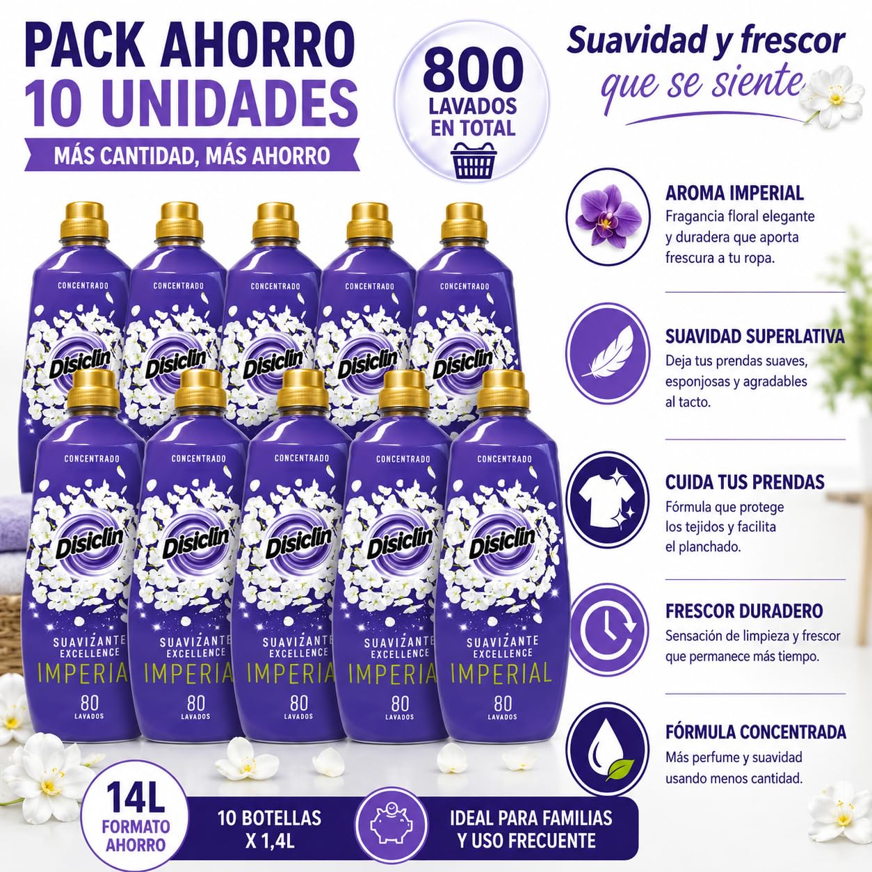 Suavizante Disclin Concentrado Imperial 1,4L | Pack 10 Unidades | 800 Lavados | Aroma Floral Duradero | Formato Ahorro 14L | RASMACOR