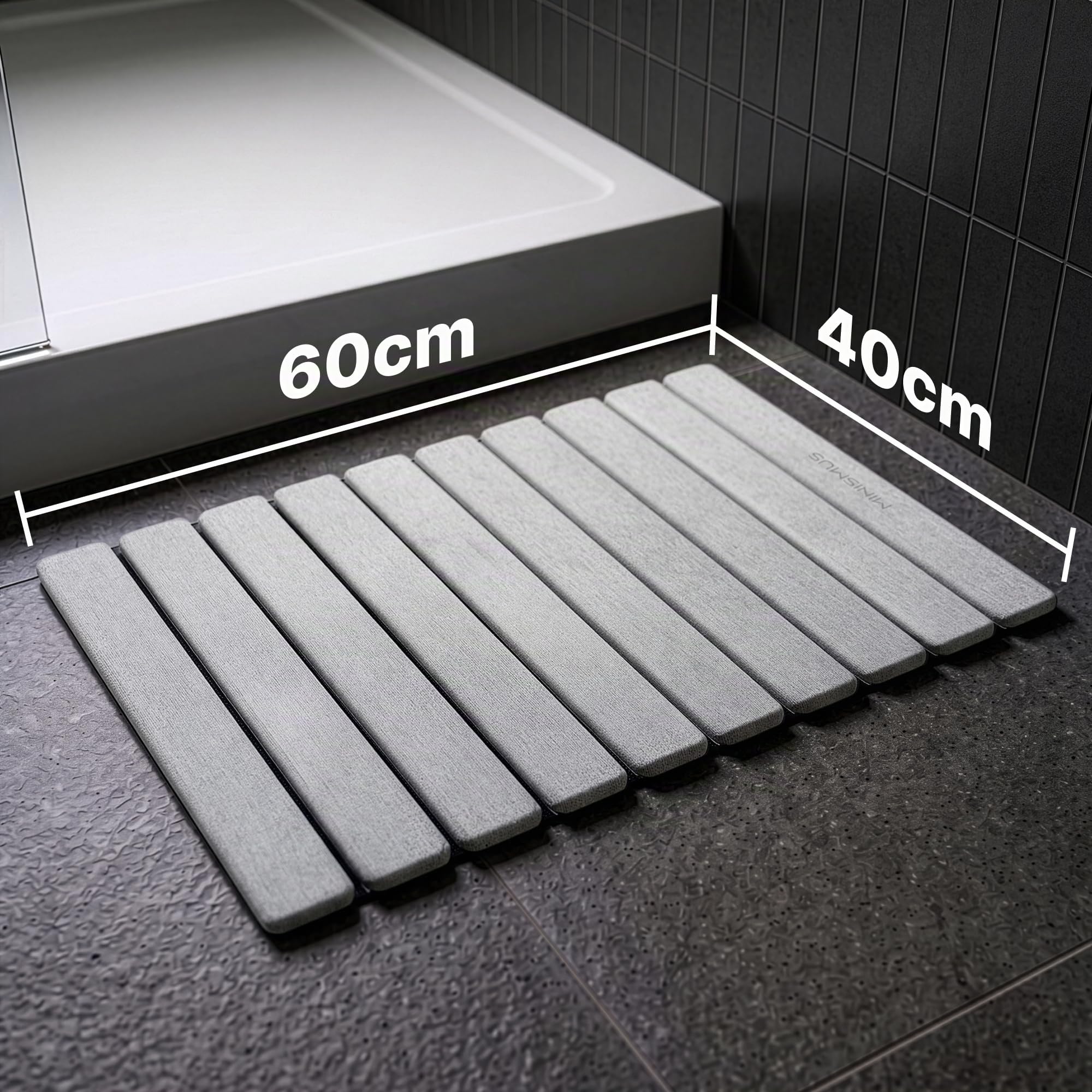 Minismus Tapis de Bain Enroulable en Diatomite 60x40cm- Tapis Pierre Absorbante et Antidérapant - Tapis de Douche Séchage Rapide Sortie de Douche (Gris Clair)