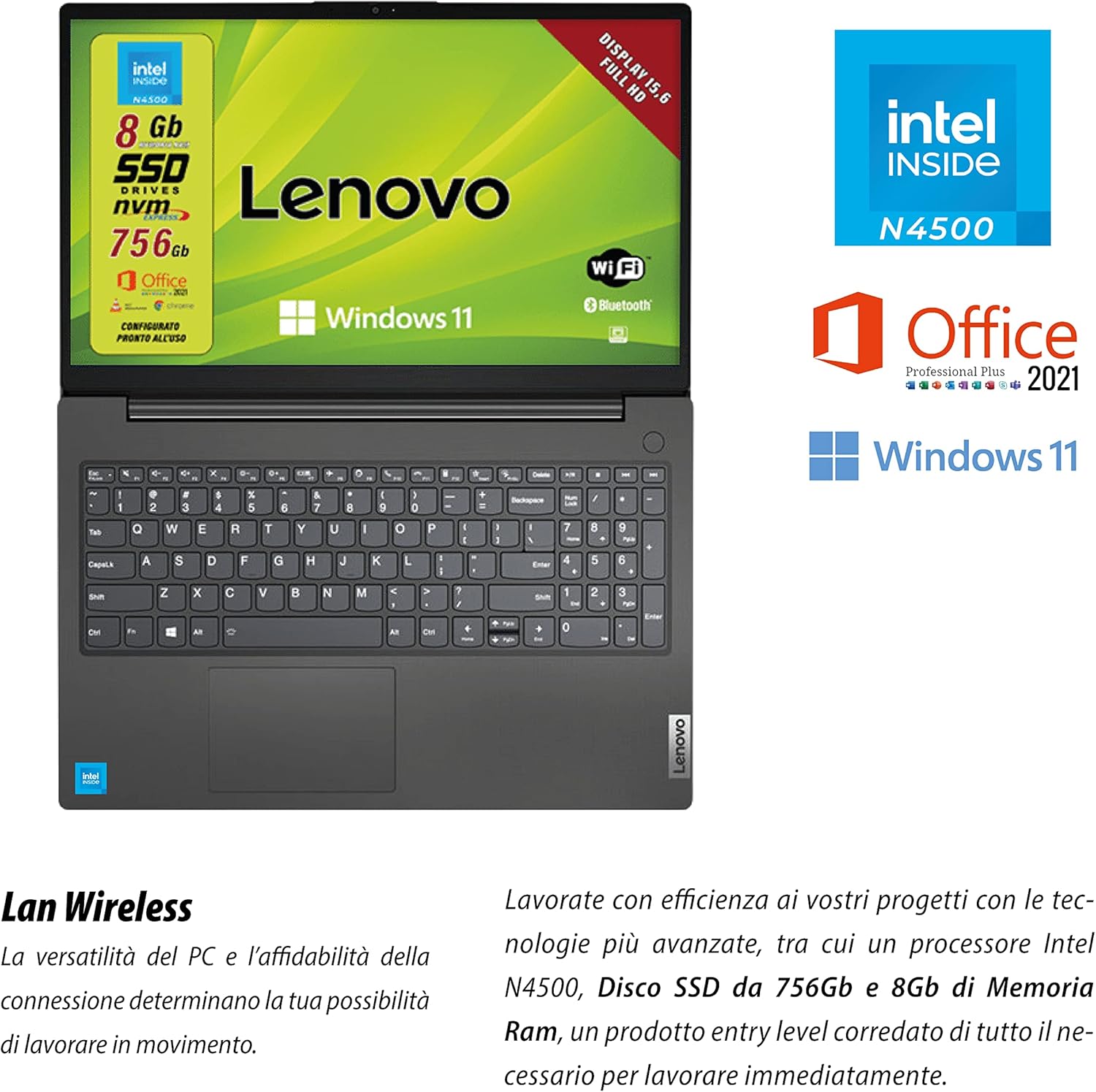 Lenovo, Pc portatile notebook pronto alluso, Display FHD da 15,6, cpu N4500, ram 8Gb, sshd 756Gb, windows 11 pro, computer portatile con pacchetto Office 2021 Lenovo, Pc portatile notebook pronto alluso, Display FHD da 15,6, cpu N4500, ram 8Gb, sshd 756Gb, windows 11 pro, computer portatile con pacchetto Office 2021