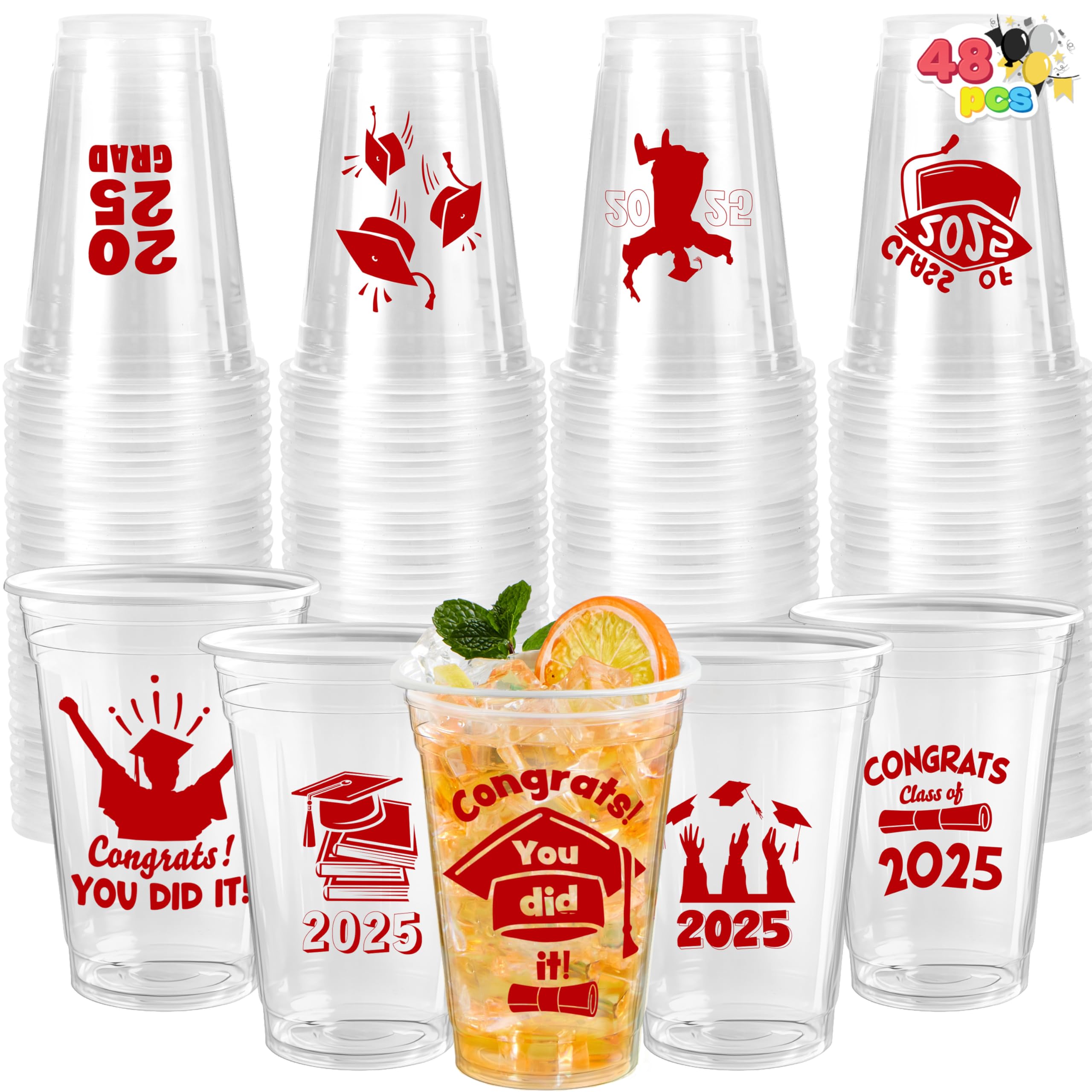JOYIN 48 Pcs Red Class of 2025 Graduation Party decorations Cups, 16 Oz Disposable Plastic Cups, Grad Decor Party Supplies with 24 Fun Designs for College & High School Celebrations