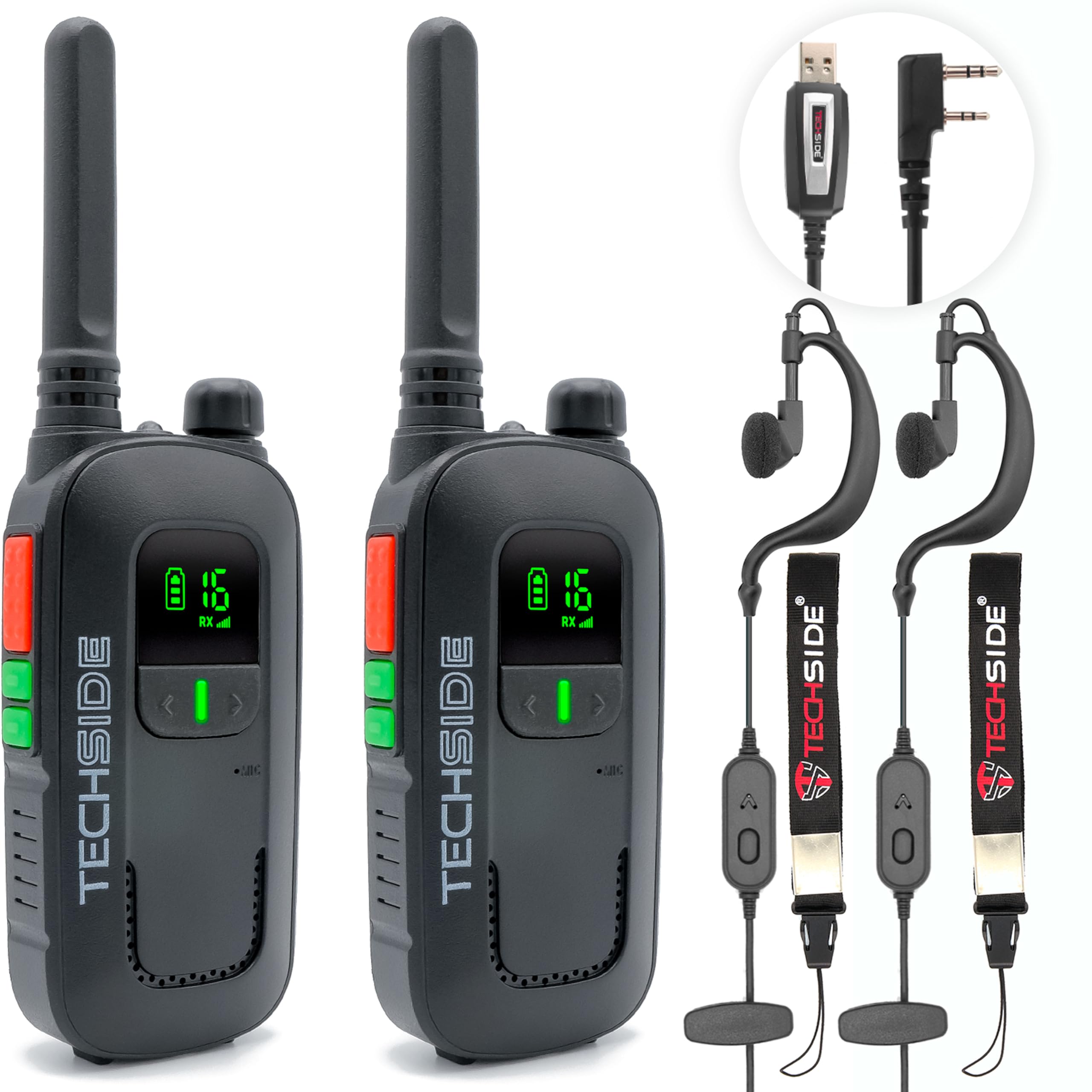 Techside TS-T2 Ricetrasmittente Professionale Walkie Talkie 16 Canali PMR446 (Libero uso) | Vox a 5 livelli | Scansione Automatica Canali | Set di 2 ricetrasmettitori full optional