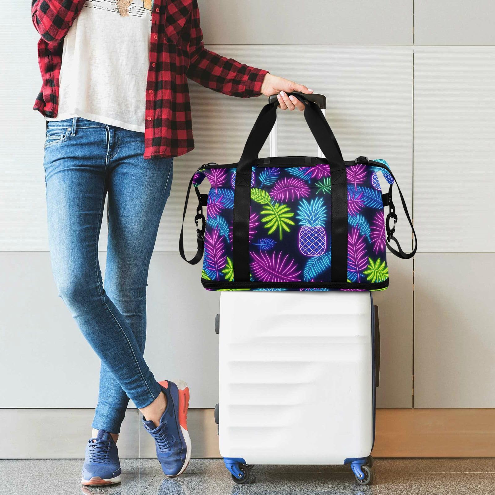 Bolsa de transporte grande de hoja de piña de neón con bolsillo húmedo con correa ajustable, bolsas de lona para viajes, plegable para hombres y mujeres