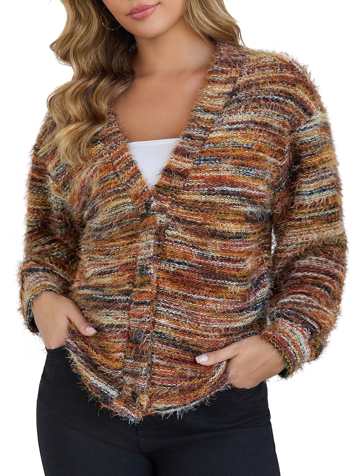 QIANXIZHAN Womens Fuzzy Cardigan V Neck Knit Button Cardigans Fall Outfits for Women 2025
