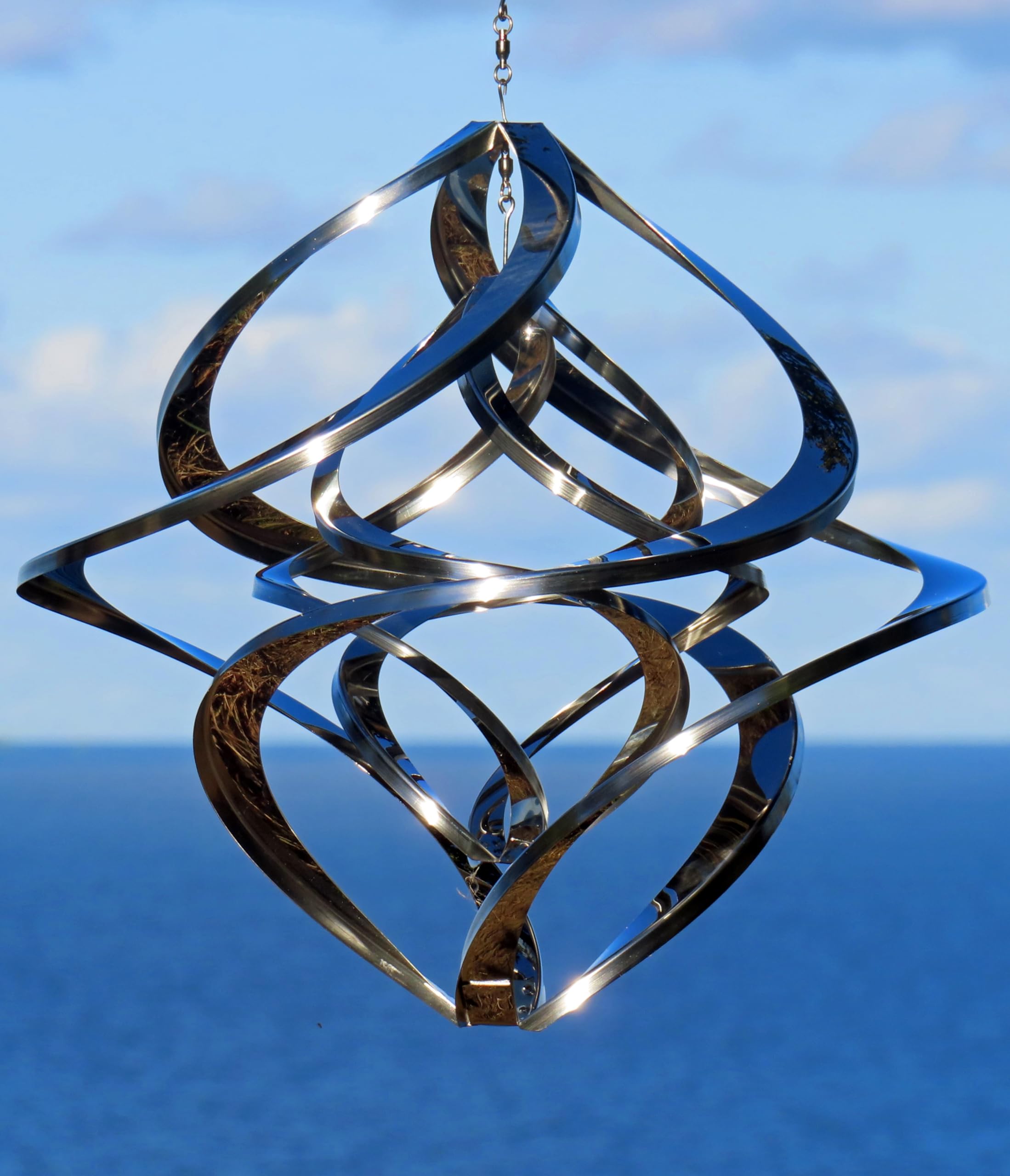 Pommerntraum ®| Windspiel Edelstahl Double-Twister Twister Rostfrei Spinner | Edelstahlwindspiel Winddancer Gartenkunst Gartendekoration Unruhe Gegenläufig Kinetik Gartenspinner (40 cm ohne Kristall XXL)