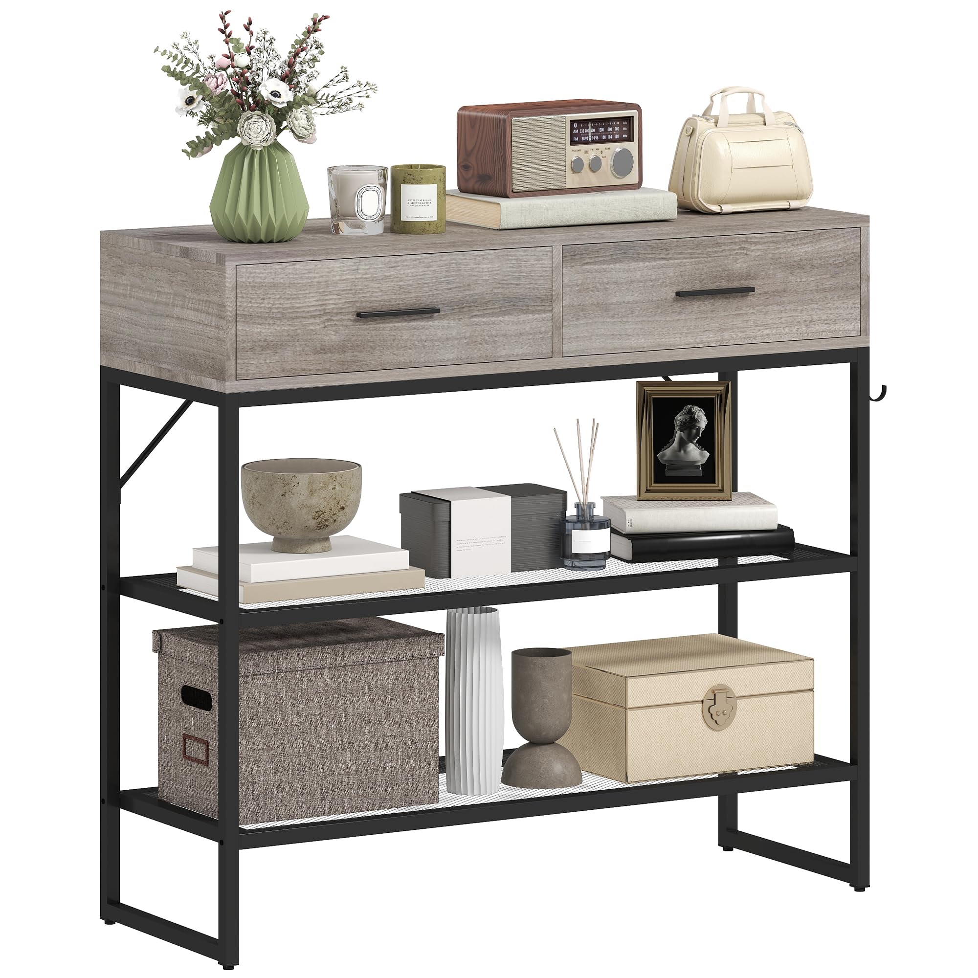 HOMCOM Consolle Ingresso con 2 Cassetti, 2 Ripiani in Rete e Gancio Laterale, Tavolo Consolle in Legno e Metallo, Tavolino Ingresso per Camera da Letto, 100x35x92 cm, Color Legno Grigio Chiaro