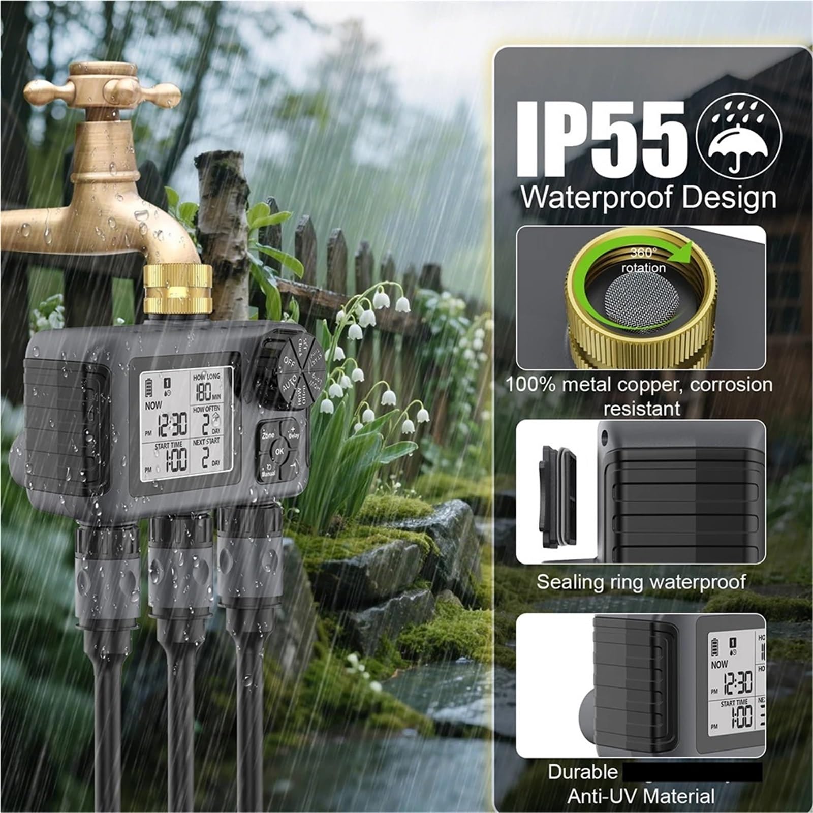 Di irrigazione intelligente for irrigazione a 3 prese Rubinetto in rame Tubo flessibile Cospargere timer automatico for l'acqua IPX5 Timer digitale for acqua a 3 zone