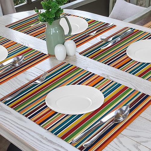 Miniatura 2 de Juego de 4 manteles individuales de rayas coloridas, diseño de rayas verticales, color arcoíris, de piel sintética, resistentes al calor,
