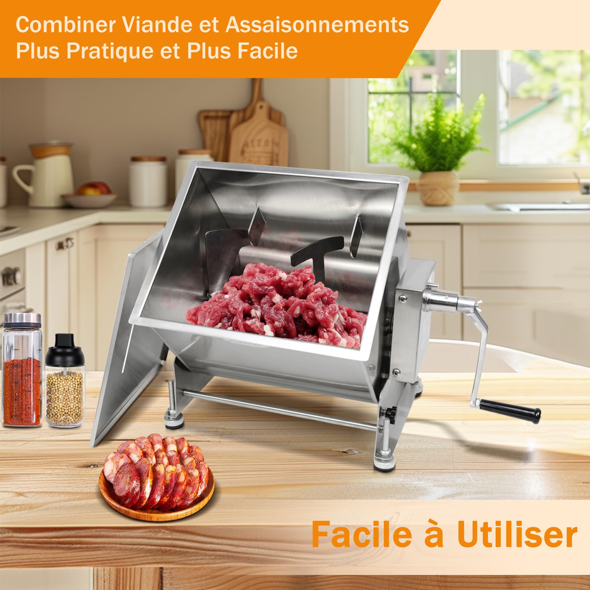 Hakka Mixeur à Viande Professionnel d'une Capacité de 30 L, Mixeur à Saucisses Inclinable, Mélangeur à Farce Manuel (25 kg Max. de Viande), Acier Inoxydable