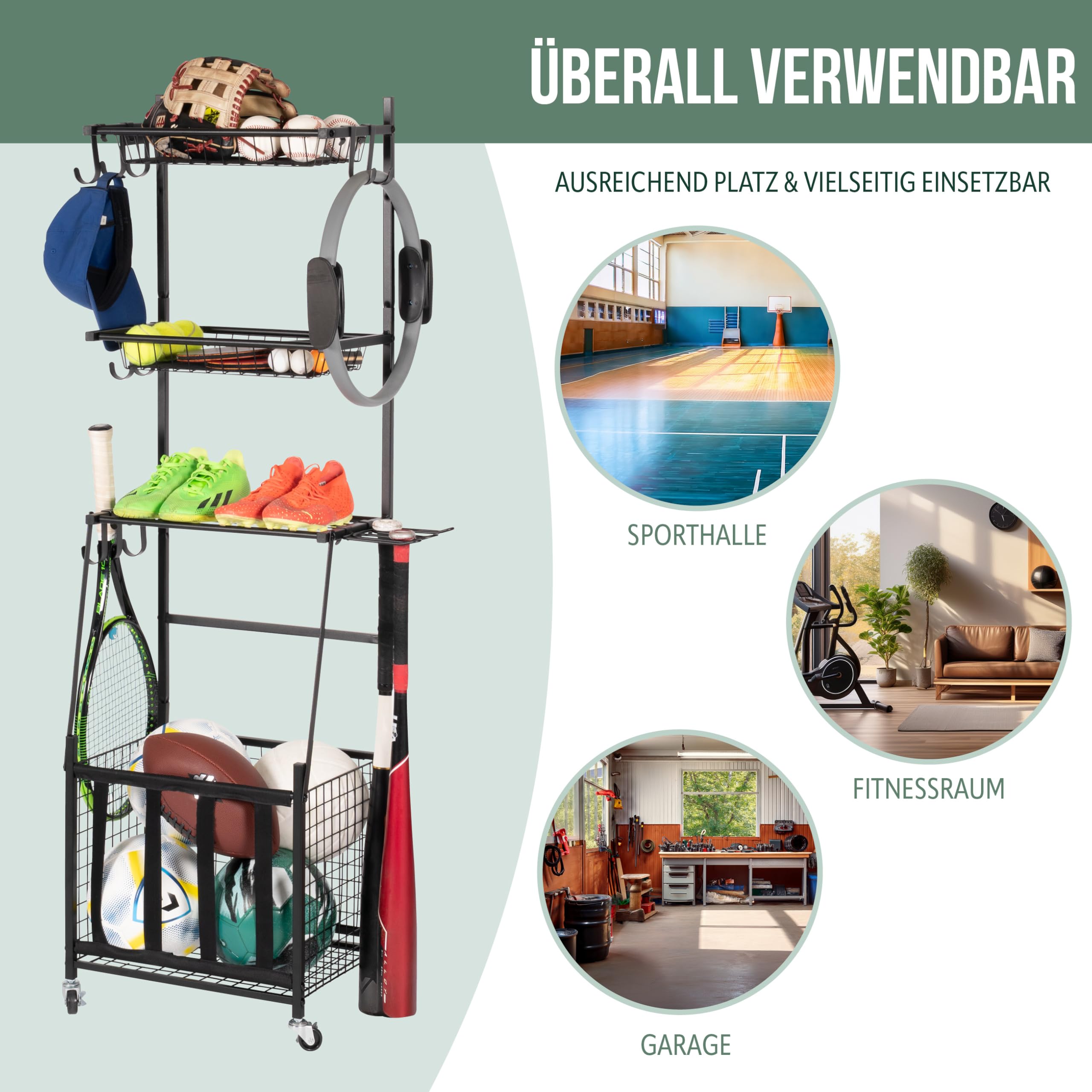 eluno Sportger�tewagen mit stabilen Ablagefl�chen, K�rben und Haken, Fitnessger�te-Organizer f�r B�lle, Baseballschl�ger, aus schwarzem Stahl