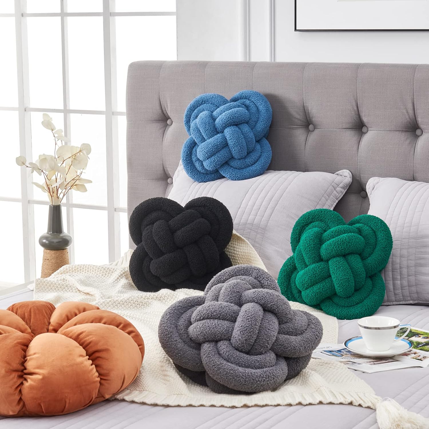 Xiashrk Knot Pillow Ball, 12" Soft Decorative Throw Pillows for Couch Bed, Black Knotted Plush Throw Pillow Handmade Square Cushion Home Couch Decor Pillows for Living Room - Image 5