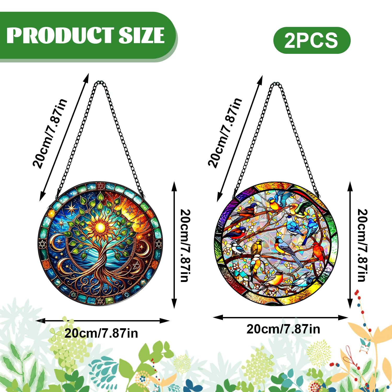 2pcs Attrape-Soleil en Vitrail à Suspendre, 20cm Attrape Soleil Vitrail Arbre de Vie, Attrape-Soleil Colibri, Attrape-Soleil en Acrylique avec Chaîne à Suspendre pour Fenêtre, Terrasse, Mur, Jardin - 3