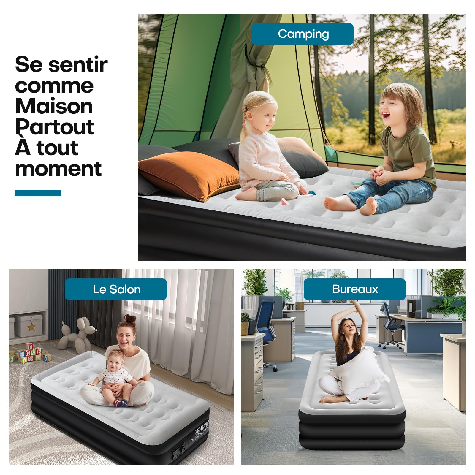 Panana Matelas Gonflable 1 Personne avec Pompe Intégrée, Lit Gonflable Simple 196x97x47cm, Matelas d’Appoint avec Surface Floquée et Sac de Rangement pour Maison Camping Invités