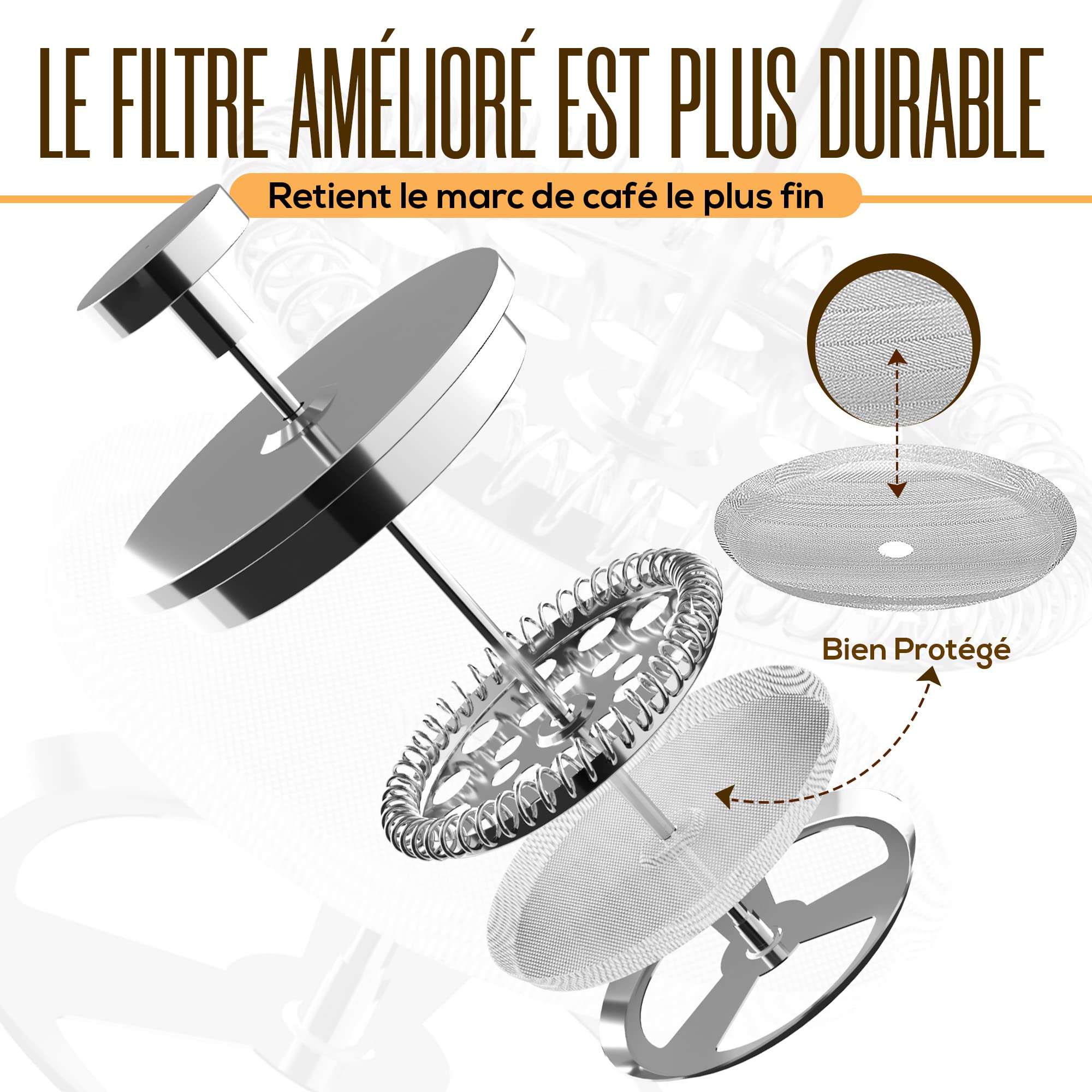 KICHLY Cafetière à piston en acier inoxydable - Machine à expresso et à thé avec triple filtres - Verre résistant à la chaleur avec piston en acier - Cafetière portable - 34 oz (1,0 litre) - Argent