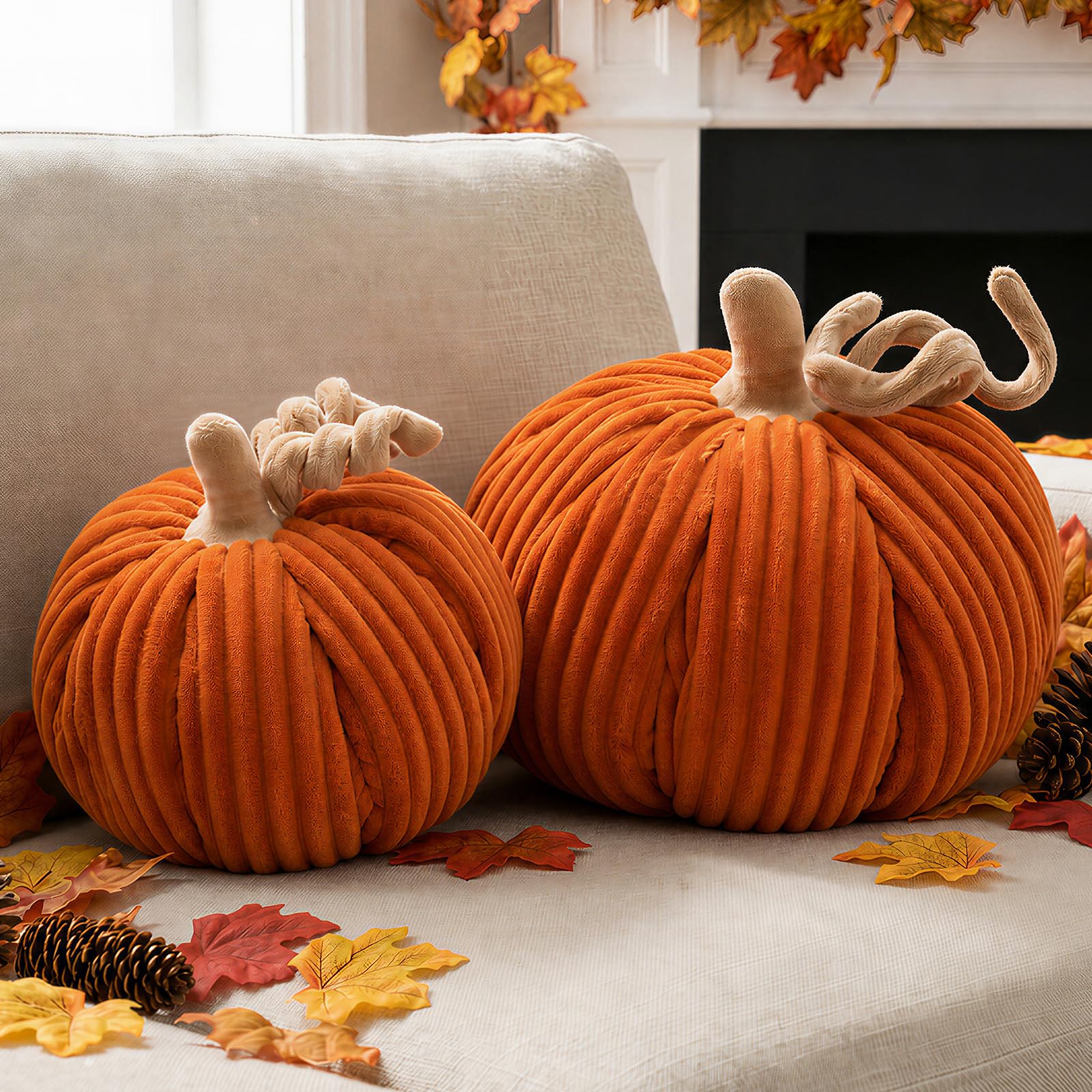 Ywlake Autumn Pumpkin Pillows Set of 2, Halloween Decoration Stripes Pumpkin Cushion Soft Cute 3D Shaped Cushion for Sofa Couch Bedroom Fall Thanksgiving Decoration (Orange)