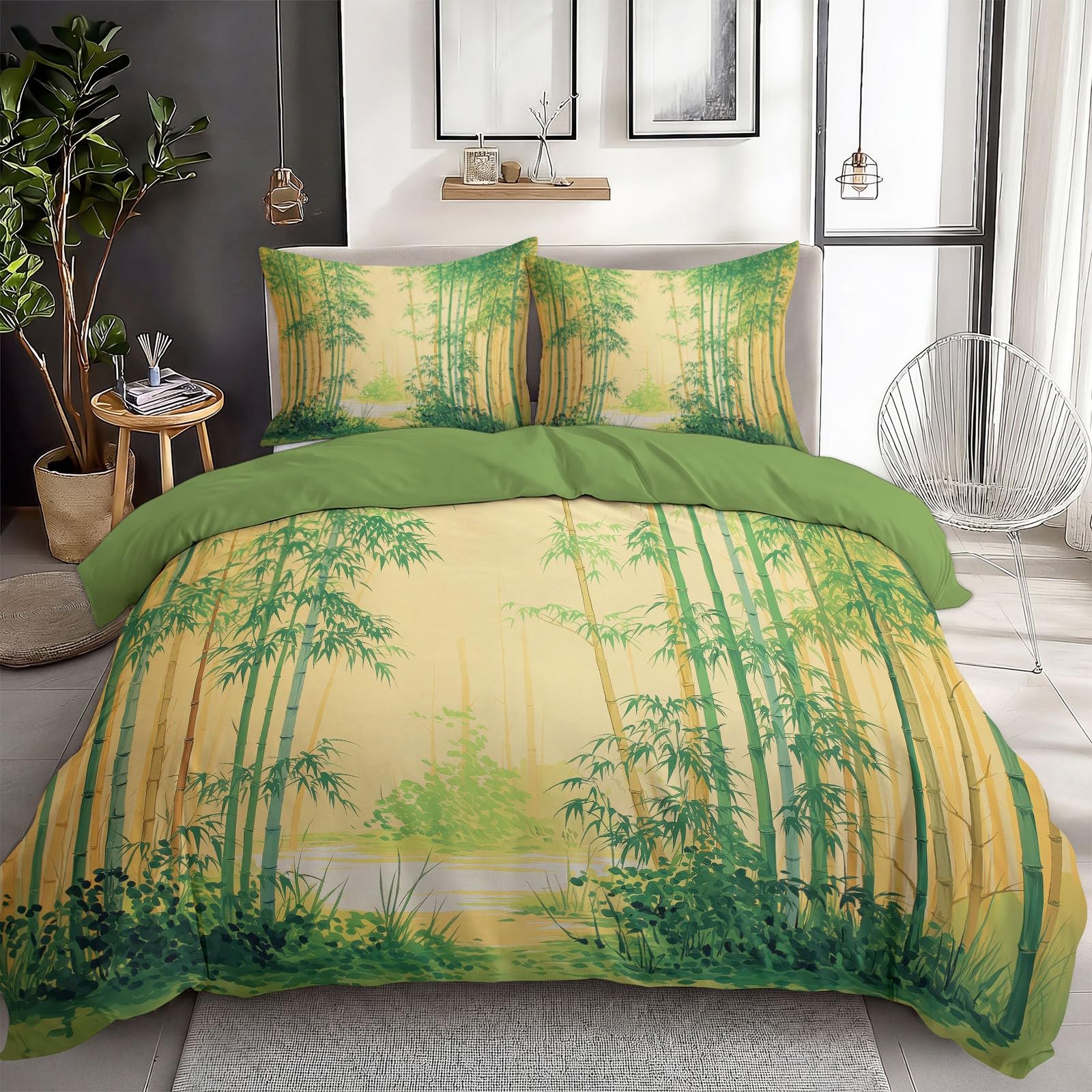 Housse de Couette Peinture Huile Chinoise et parure de lit bambou 2 pièces à fermeture éclair