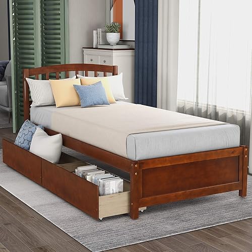 Miniatura 10 de Cama de plataforma de tamaño individual con 3 cajones de almacenamiento, marco de cama individual de madera maciza con listones de soporte para